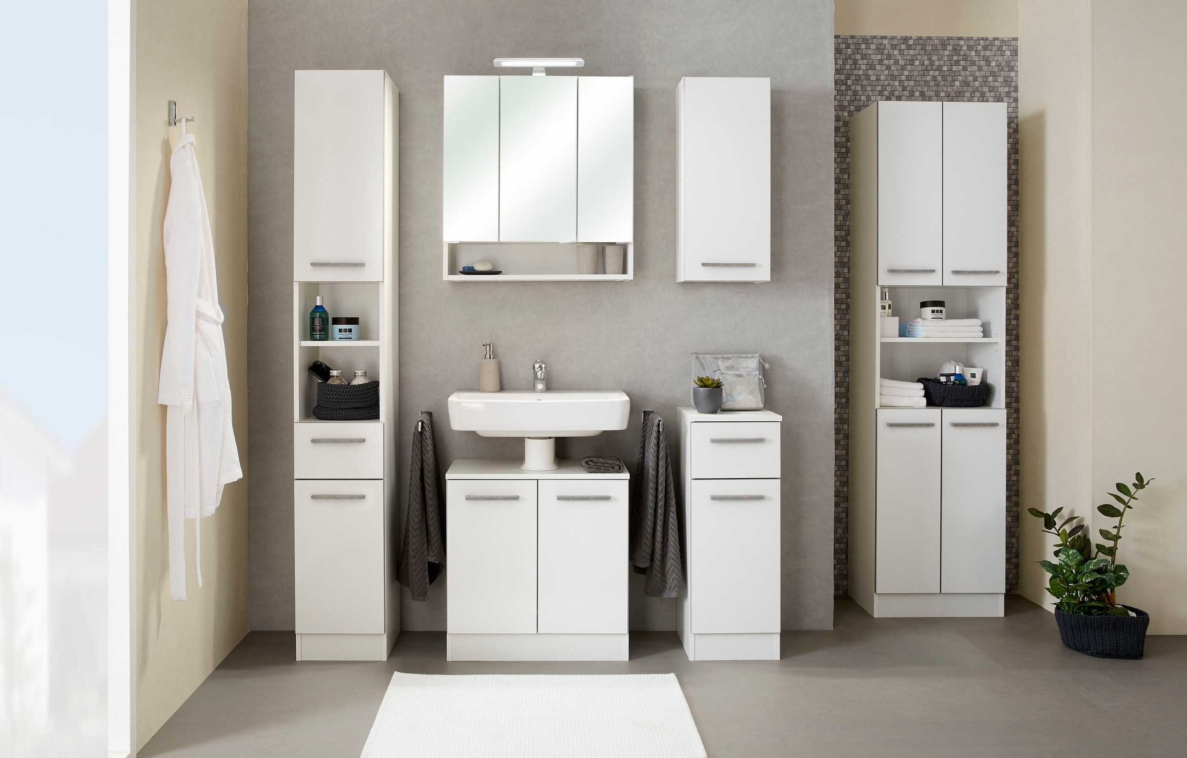 Saphir Hochschrank »Quickset 953 Badschrank 30 cm breit, 2 Türen, Nische, 1 Schublade« Badezimmer-Hochschrank, Weiß Glanz, Griffe in Betonoptik