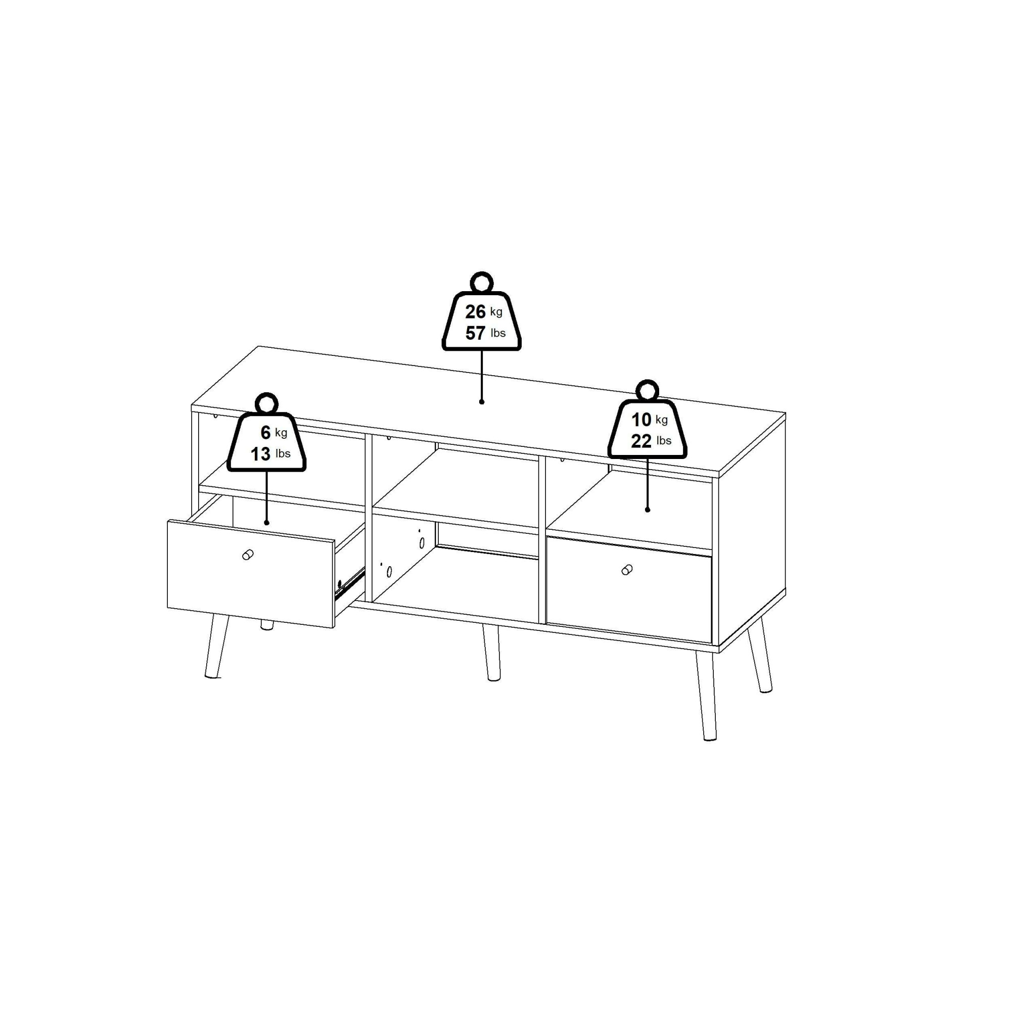 andas TV-Board »Bodo TV-Möbel, TV-Unit, Mediamöbel, Regal«, 2 Schubladen und 4 offene Fächer, Beine und Griffe aus Massivholz