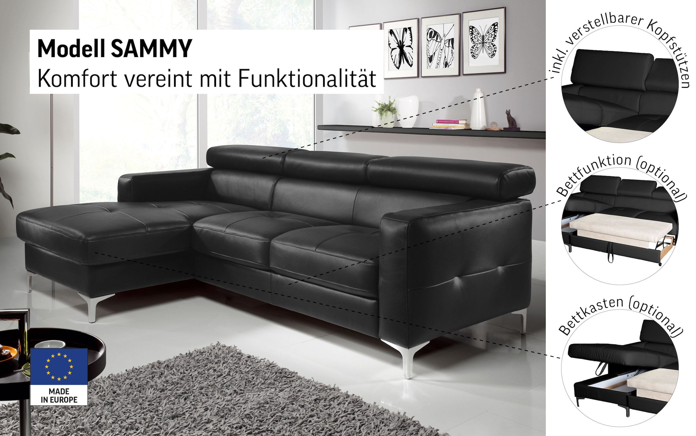 COTTA Ecksofa »Sammy L-Form«, mit Kopfteilverstellung, wahlweise mit Bettfunktion & Bettkasten