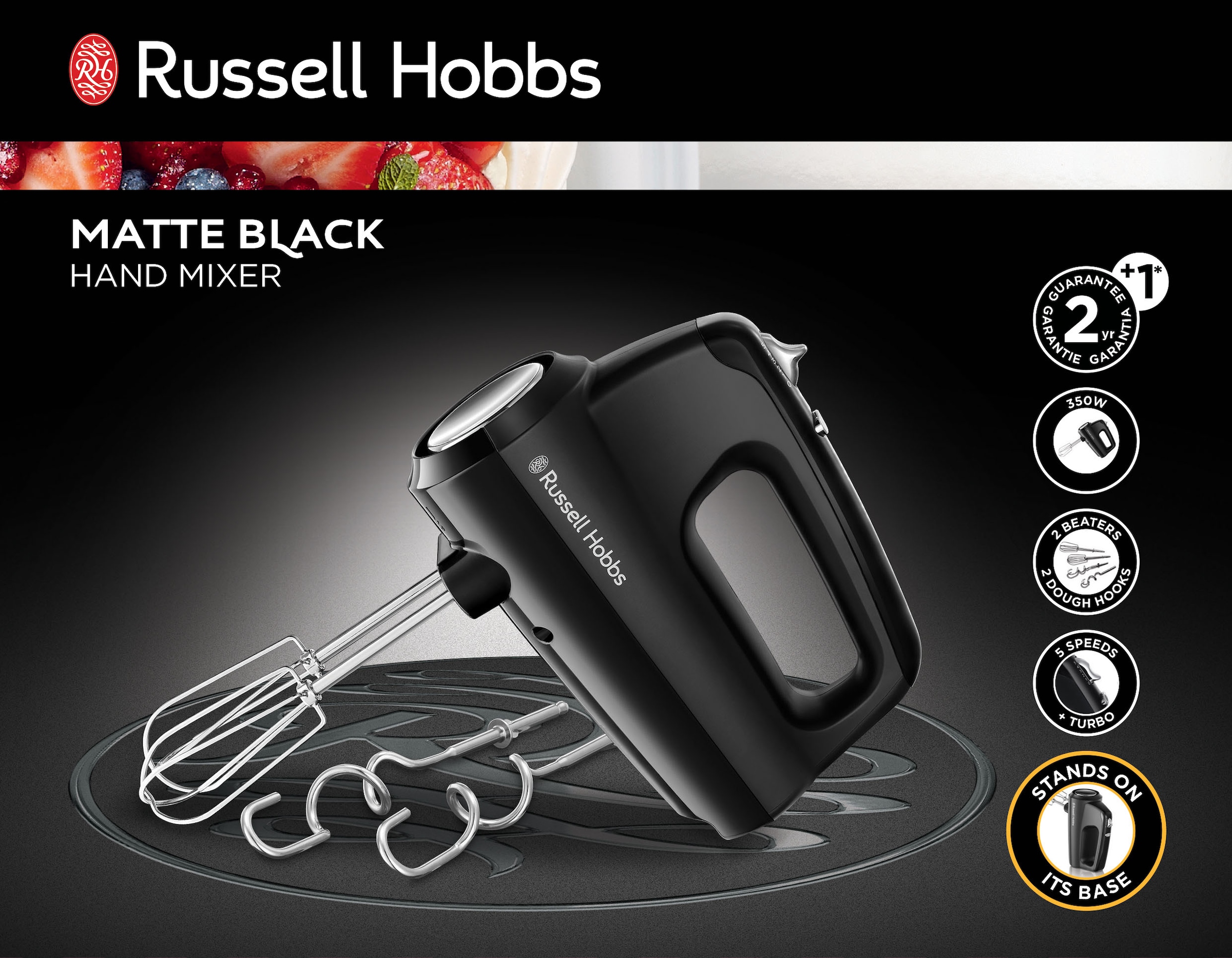 RUSSELL HOBBS Handmixer Turbofunktion »Matte Geschwindigkeitsstufen 3 Garantie & W, mit Black XXL 24672-56«, 350 5 Jahren