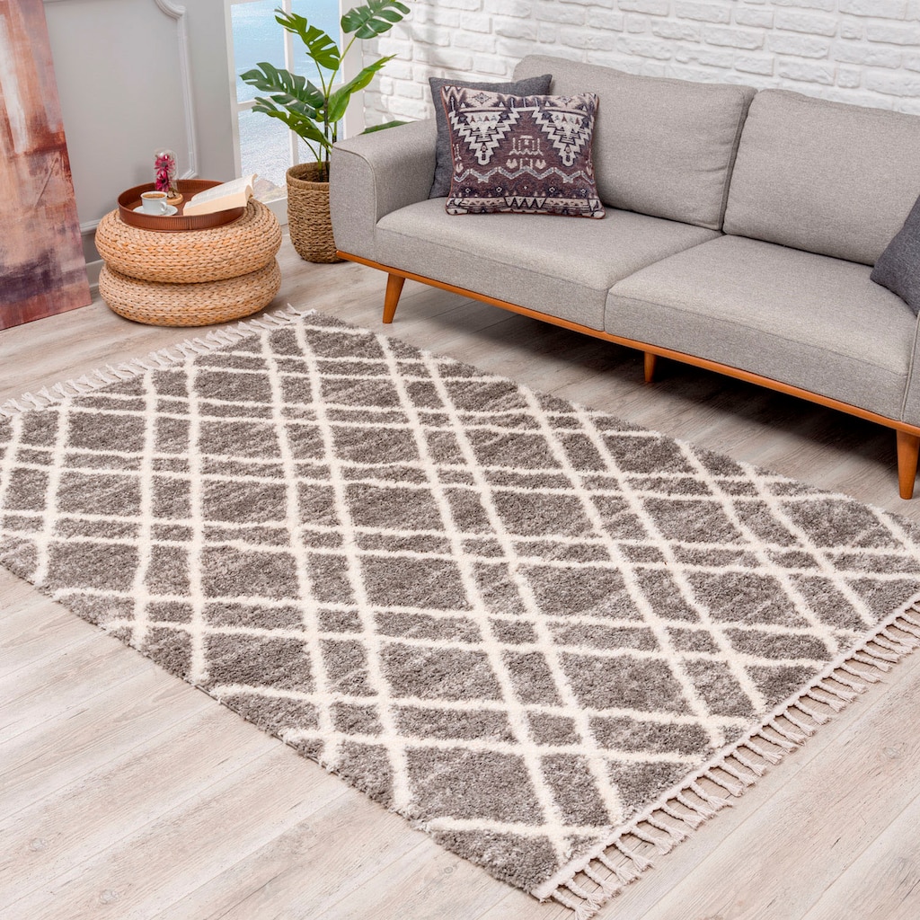 Carpet City Hochflor-Teppich »Pulpy 540«, rechteckig, besonders weich, mit Fransen, Rauten-Optik