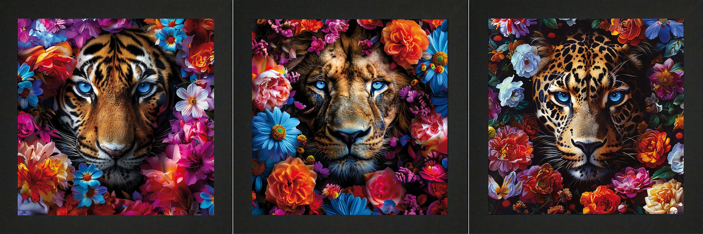 Bönninghoff Bild mit Rahmen, Tiger-Löwen-Raubkatzen-Blumen-Blumenbilder-Kunst-Tiere, (3 St.)