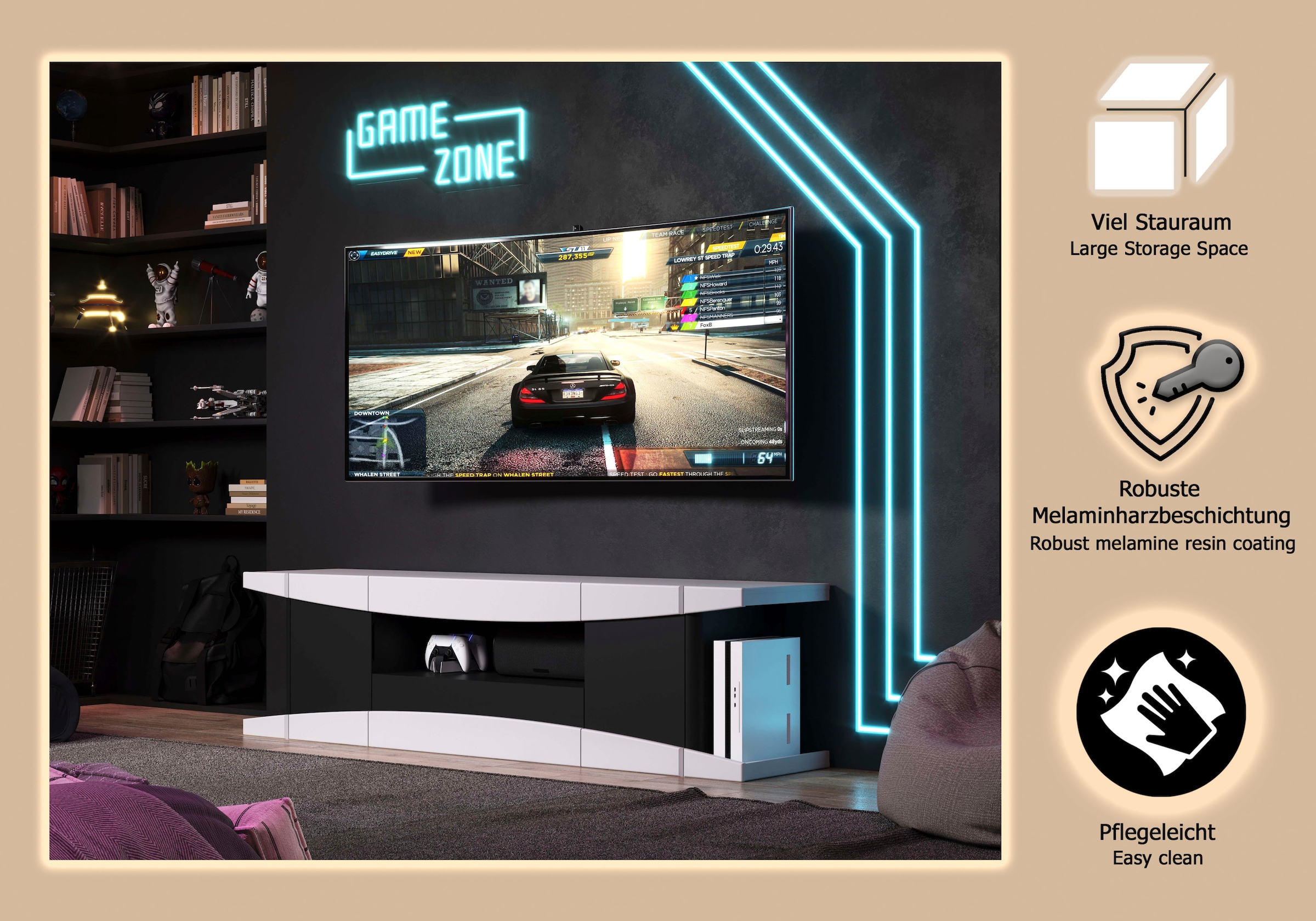 INOSIGN Lowboard »NextLevel speziell geeignet für Spielekonsolen«