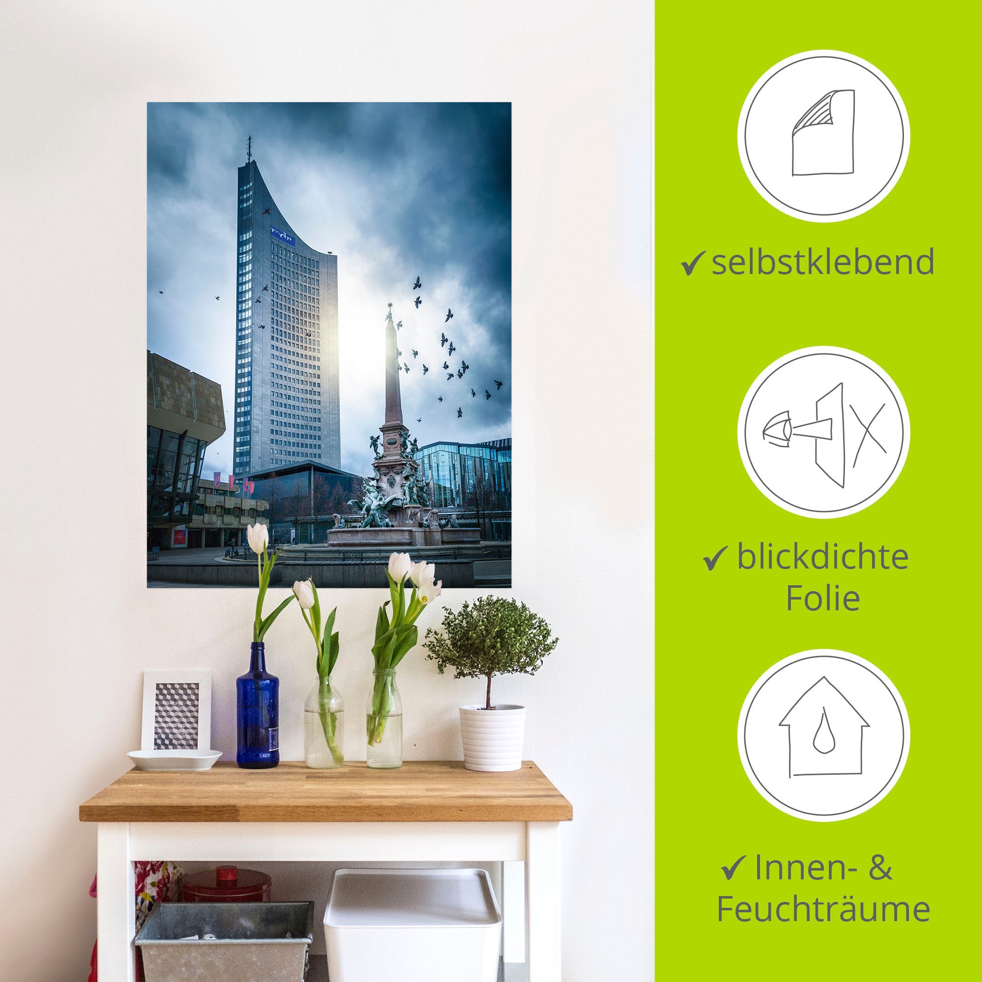 Artland Wandbild »Hochhaus Leipzig Sonnenschein und Wolken«, Gebäude, (1 St.), als Alubild, Leinwandbild, Wandaufkleber oder Poster in versch. Größen