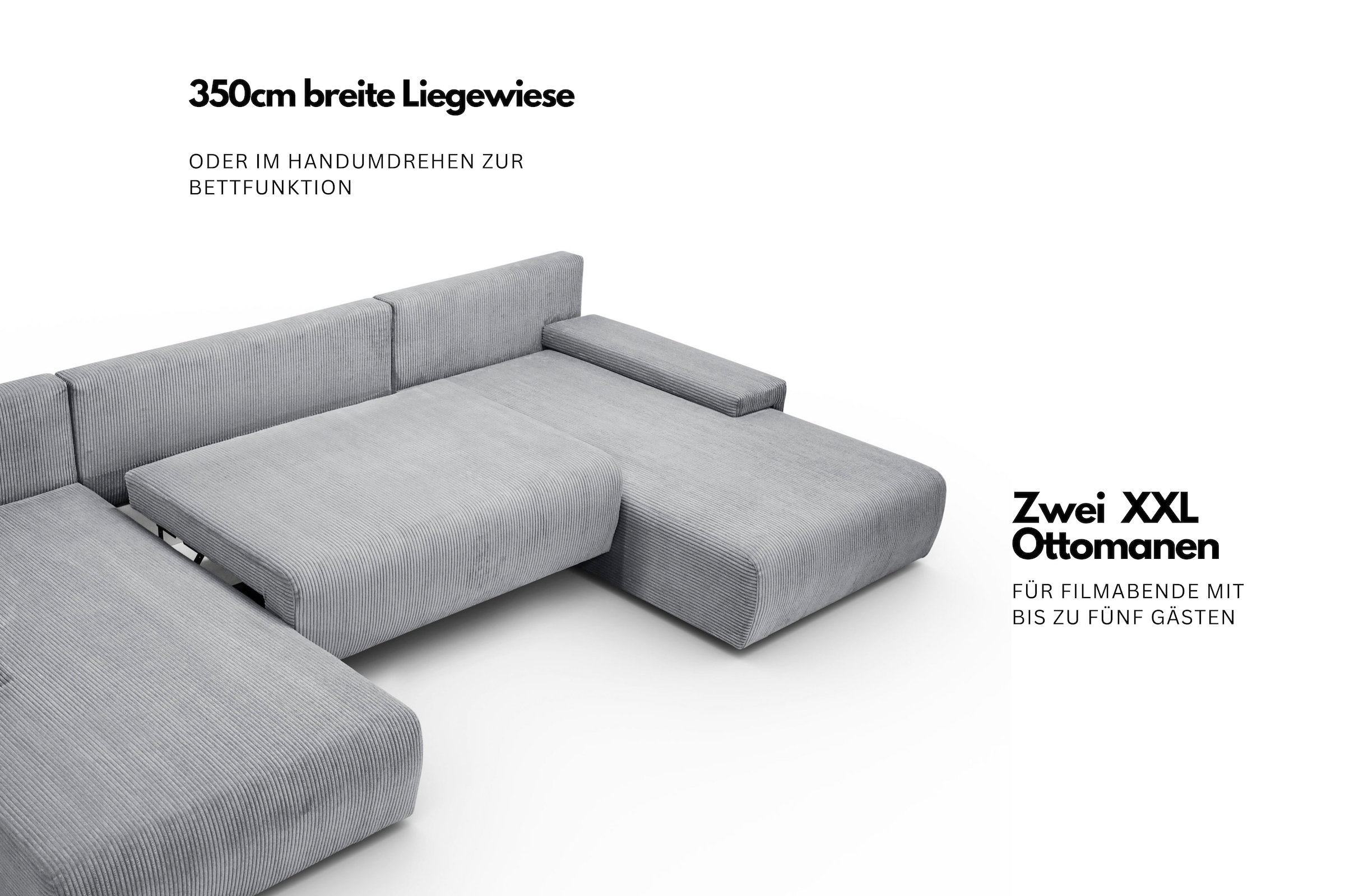 WERK2 Wohnlandschaft »Amalfi, B/T: 348/188 cm, in Cord mit Schlaffunktion & Bettkasten« modernes XXL Design, U-Form