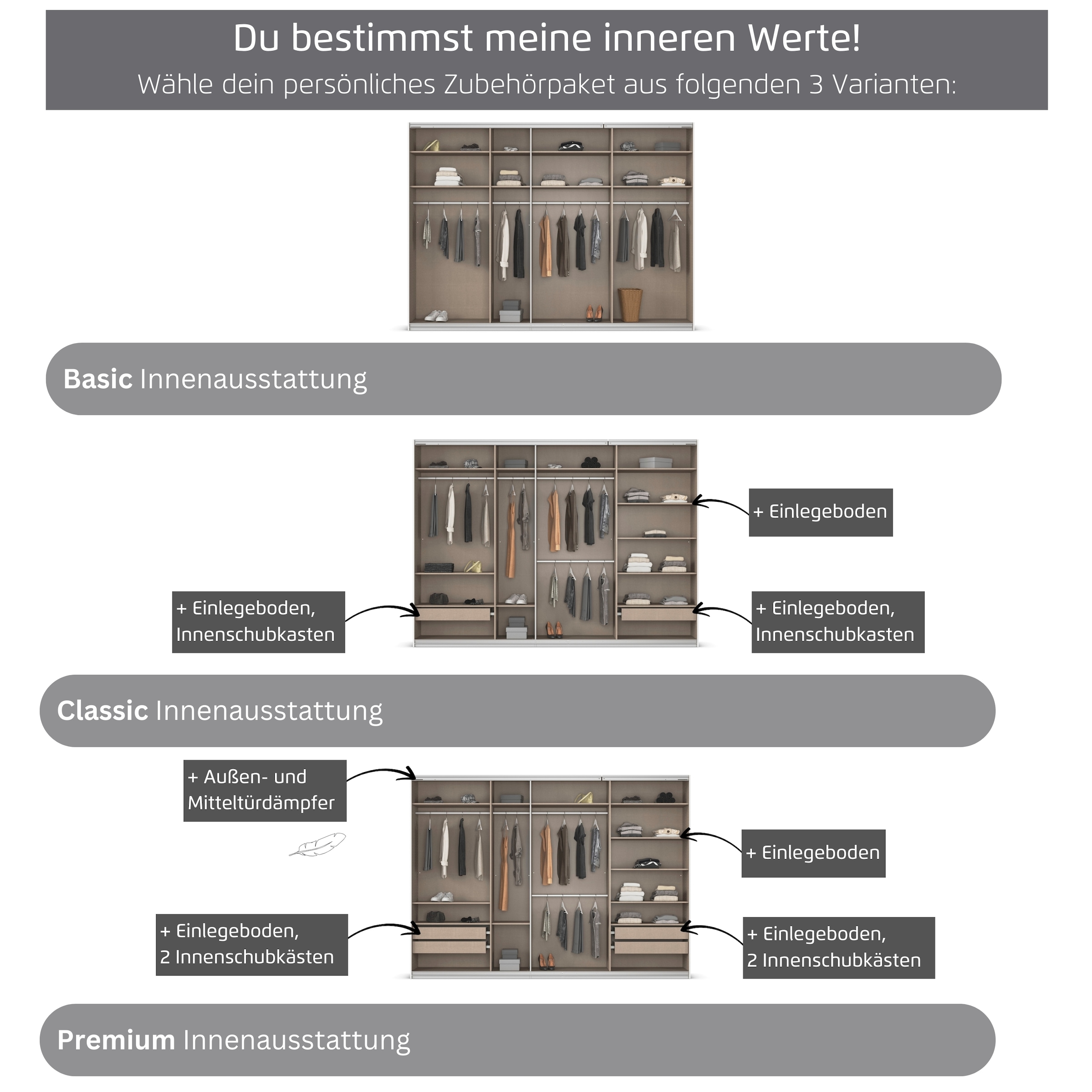 rauch Kleiderschrank »Schwebetürenschrank OTTO´s Choice Garderobe Schrank TOP ANGEBOT Avola«, (in 3 verschiedenen Ausstattungen BASIC/CLASSIC/PREMIUM), mit eleganten Zierleisten in Chrom, Schwarz oder Weiß MADE IN GERMANY