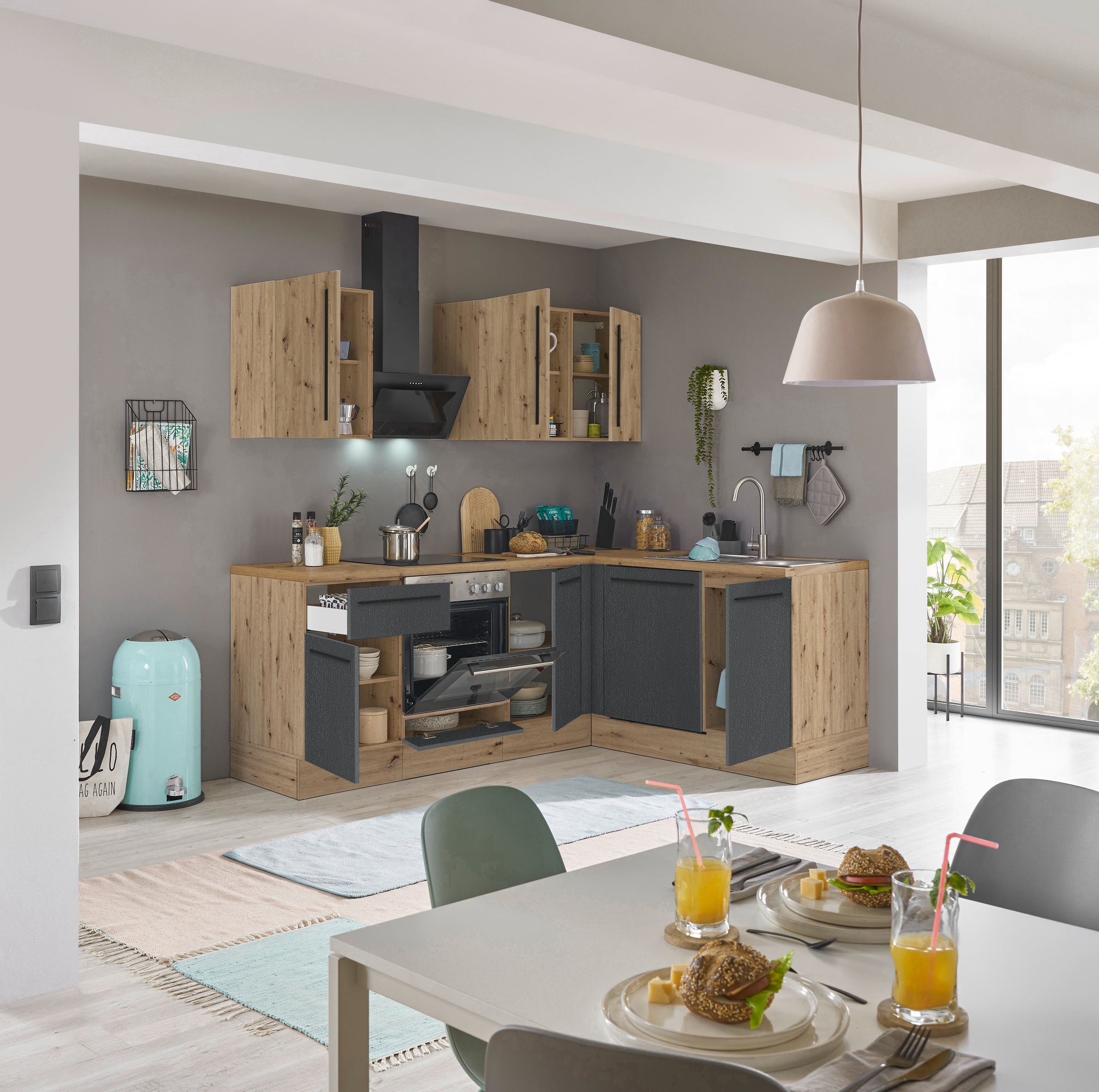 KOCHSTATION Winkelküche »Florida, Stellbreite 220x175 cm« wahlweise mit E-Geräten, mit Softclose für Türen und Schubkästen