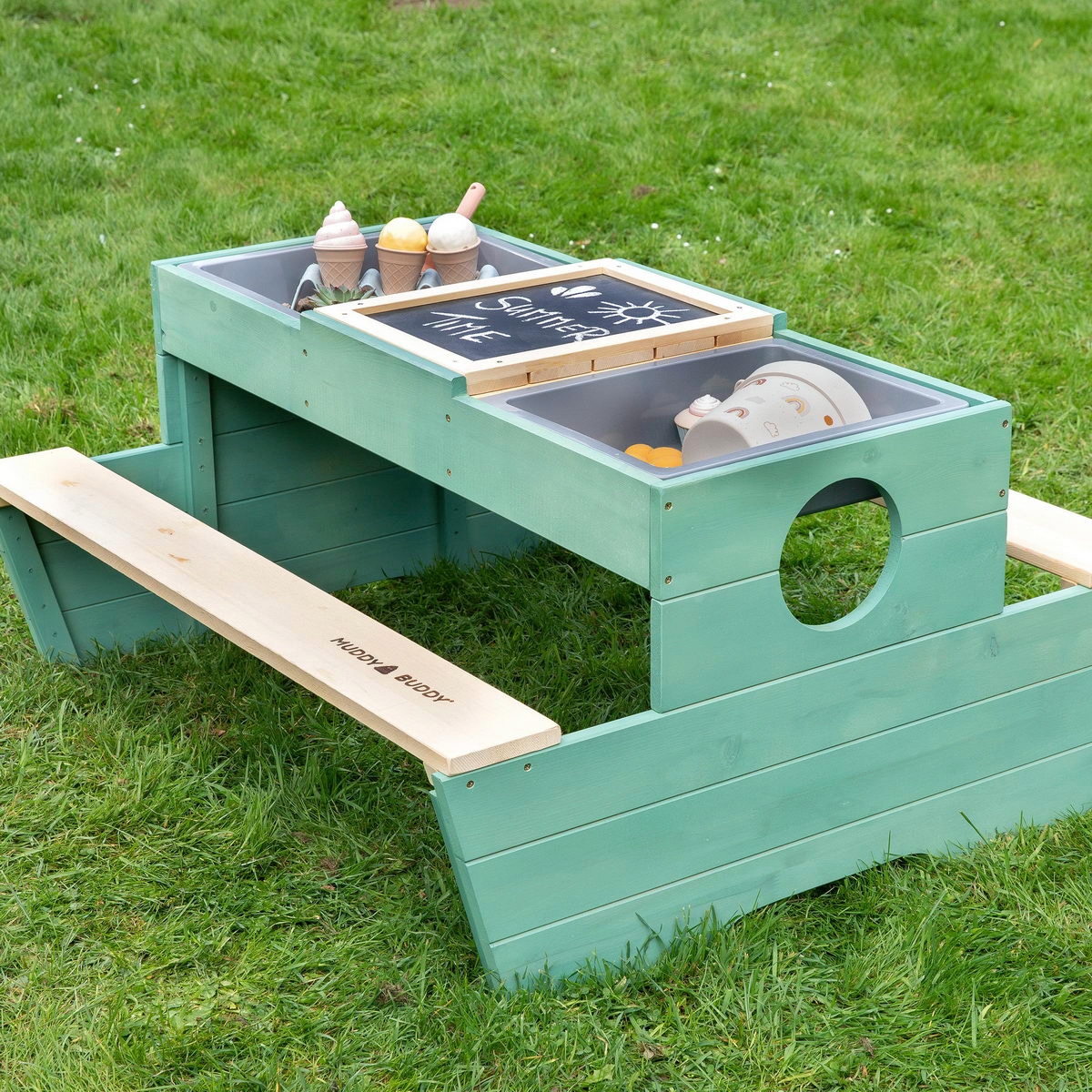 MUDDY BUDDY® Garten-Kindersitzgruppe »Creator«, Outdoor Spieltisch, natur - salbei; FSC® - schützt Wald - weltweit