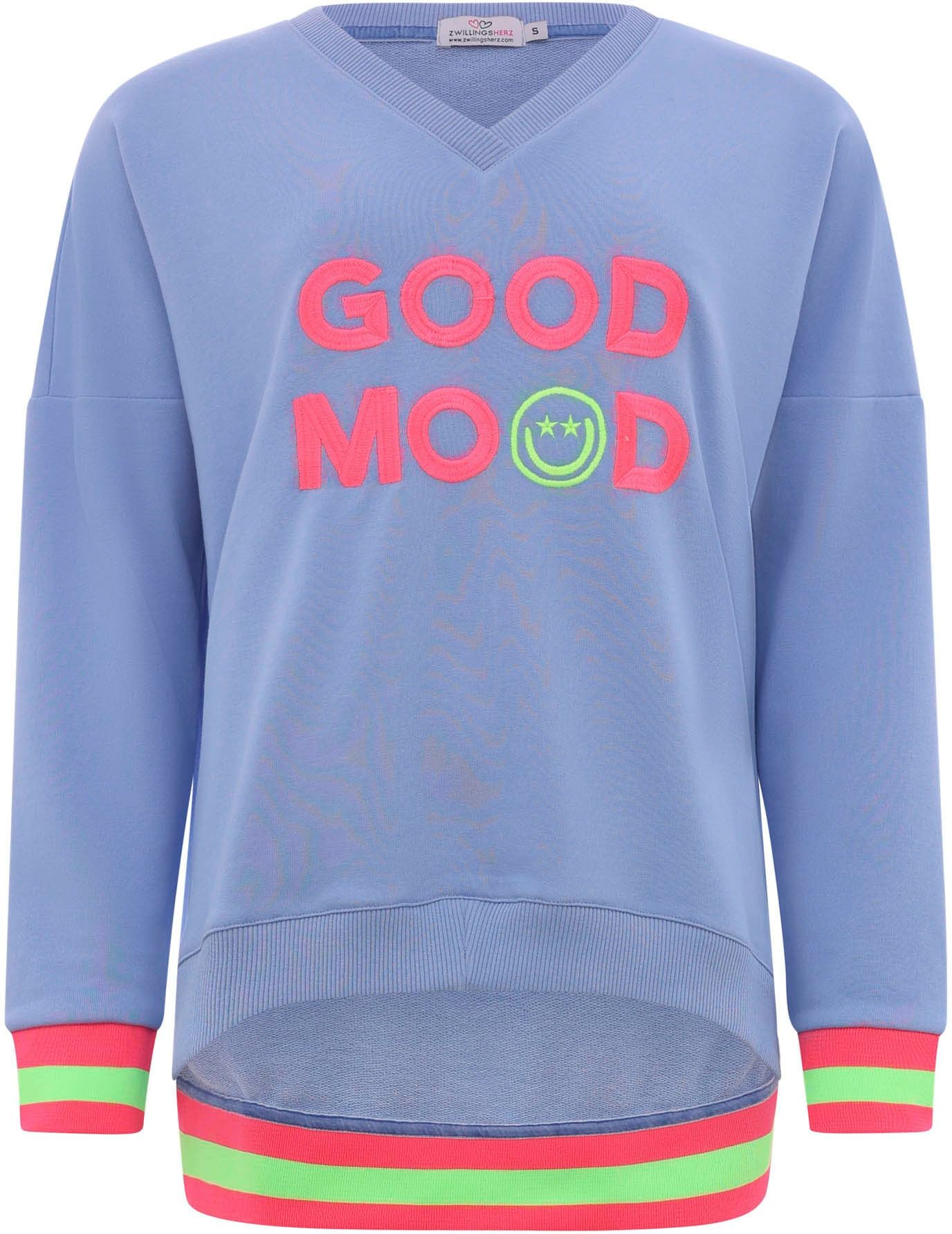 Zwillingsherz Sweatshirt »Dana«, mit V-Ausschnitt, Frontprint, Vokuhila Schnitt, neonfarben