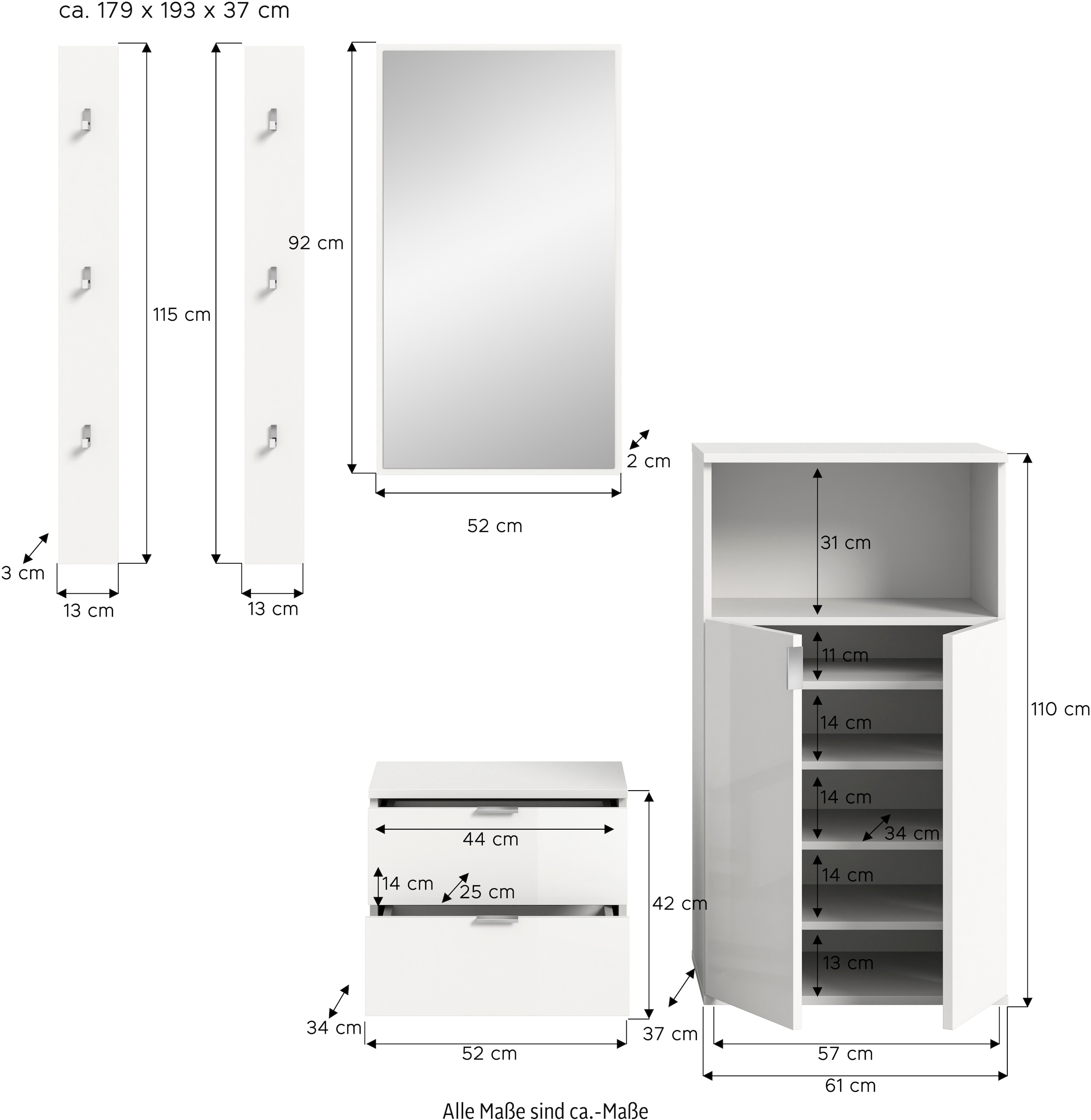 INOSIGN Garderoben-Set, (4 St.), Trondheim, Garderobenset 4-tlg.Breite 179 cm, Flur, Diele, Kombination