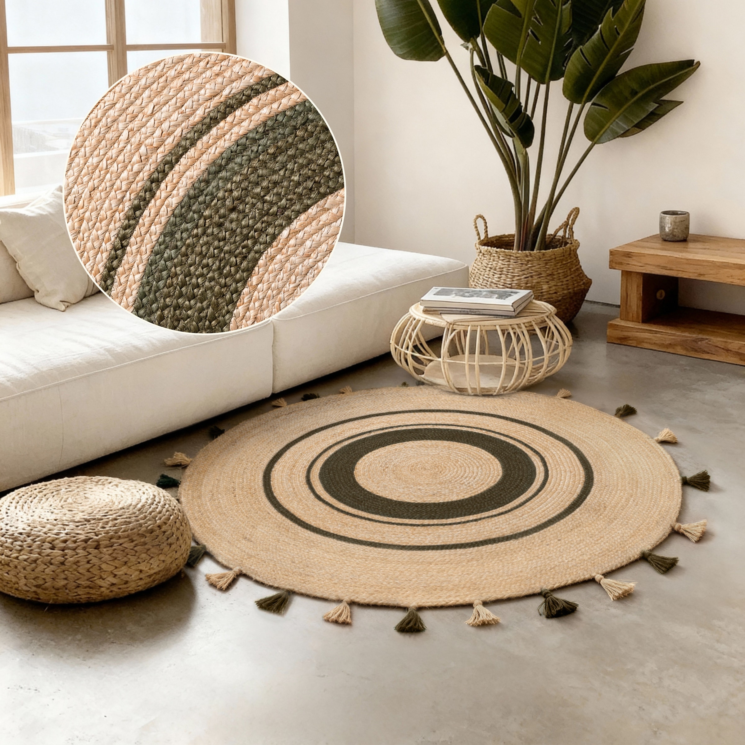 THE RUGS Braided Jute Rug Round Basil Natural Handwoven Living Room Rug in Beige | Size: 200cm diameter