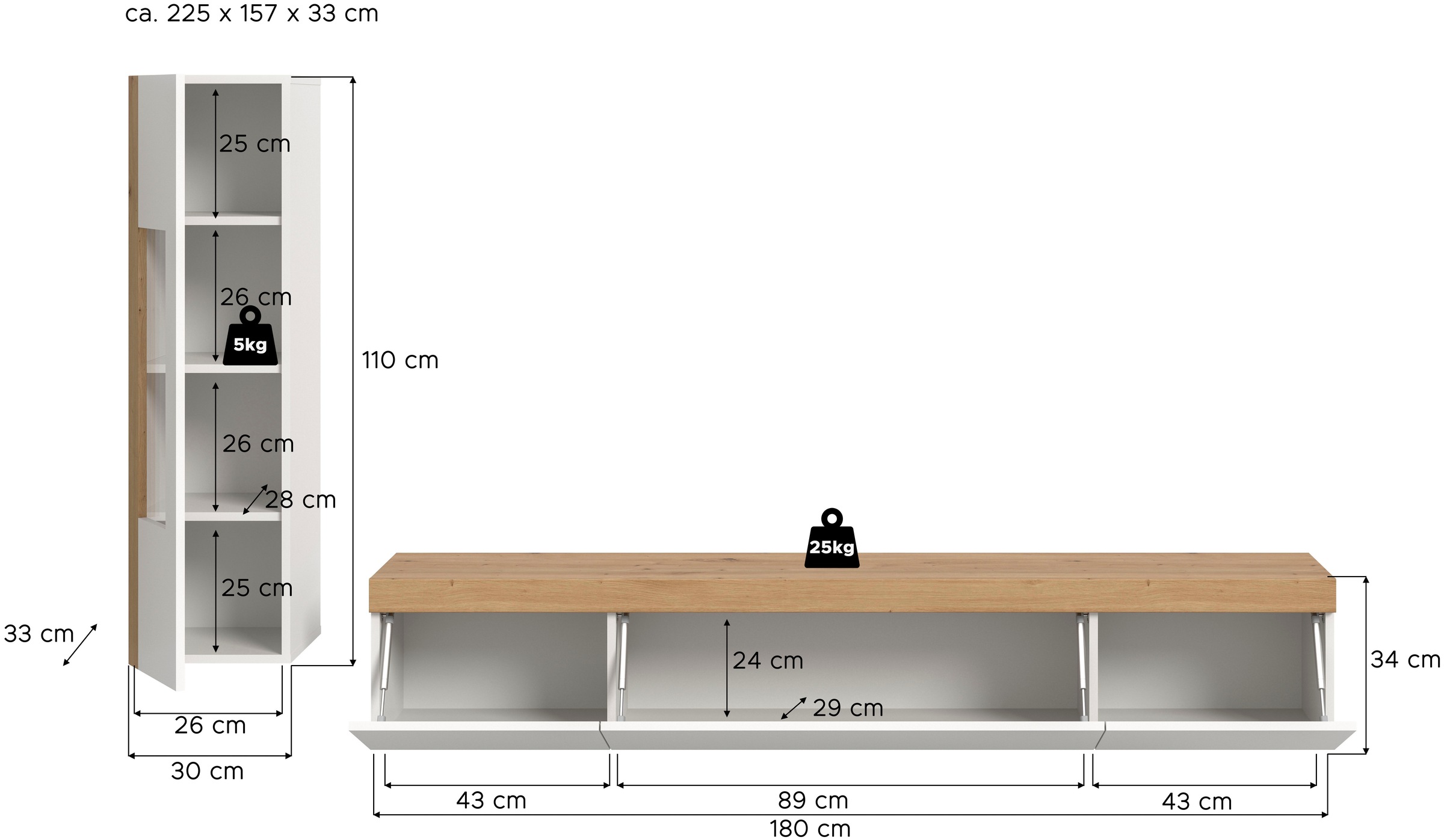 INOSIGN Wohnwand »Svala, Breite 180 cm, Wohnkombination«, (Set, 2 St.), stehend u. hängend montierbar,Vitrinenschrank, Lowboard