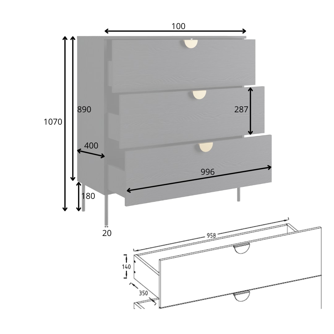 Leonique Kommode »BELLOT Sideboard mit 3 Schubladen, Maße B/T/H: 100/40/107 cm«, auf Metallfüßen, mit goldenen Metallgriffe