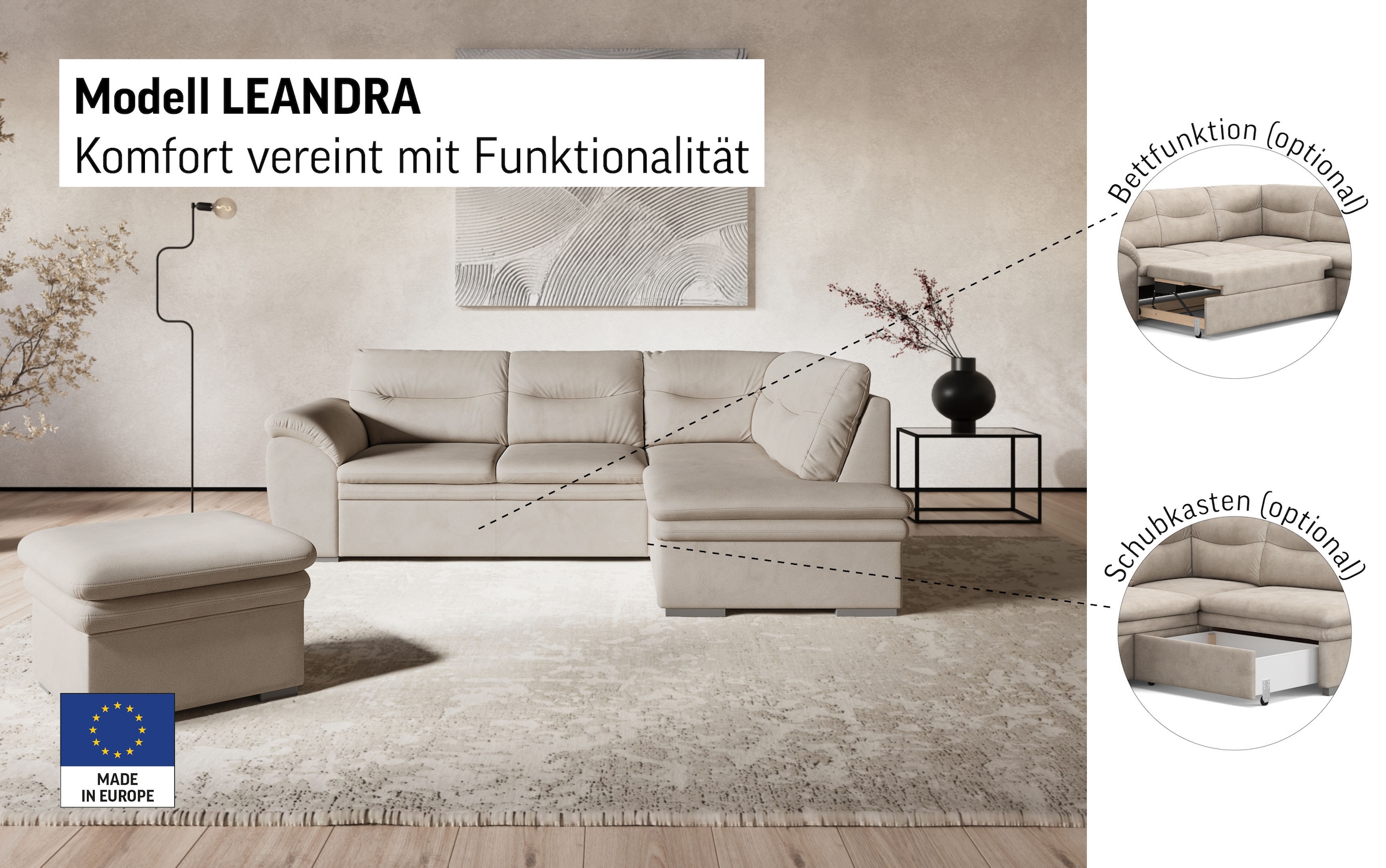 COTTA Ecksofa »Leandra L-Form« wahlweise mit Schlaffunktion & Bettkasten