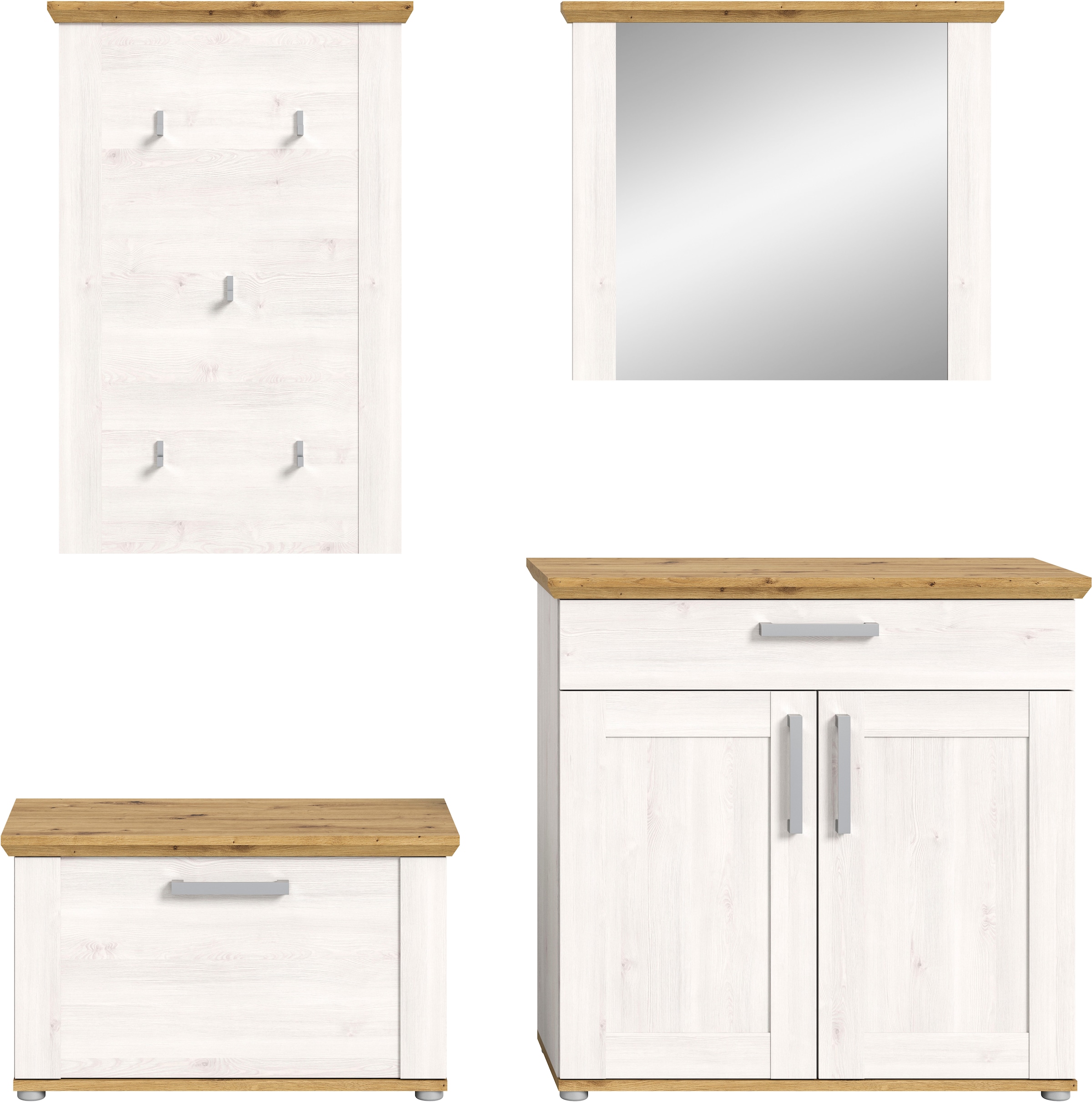 Home affaire Garderoben-Set »COSENZA, TOPSELLER!, Breite ca. 190 cm, 4-teilig, in Landhausoptik«, (4 St., bestehend aus: Sitzbank, Garderobenpaneel, Schuhschrank, Spiegel), Garderobenkombination, Kombination, Diele, Garderobe, Garderobenmöbel