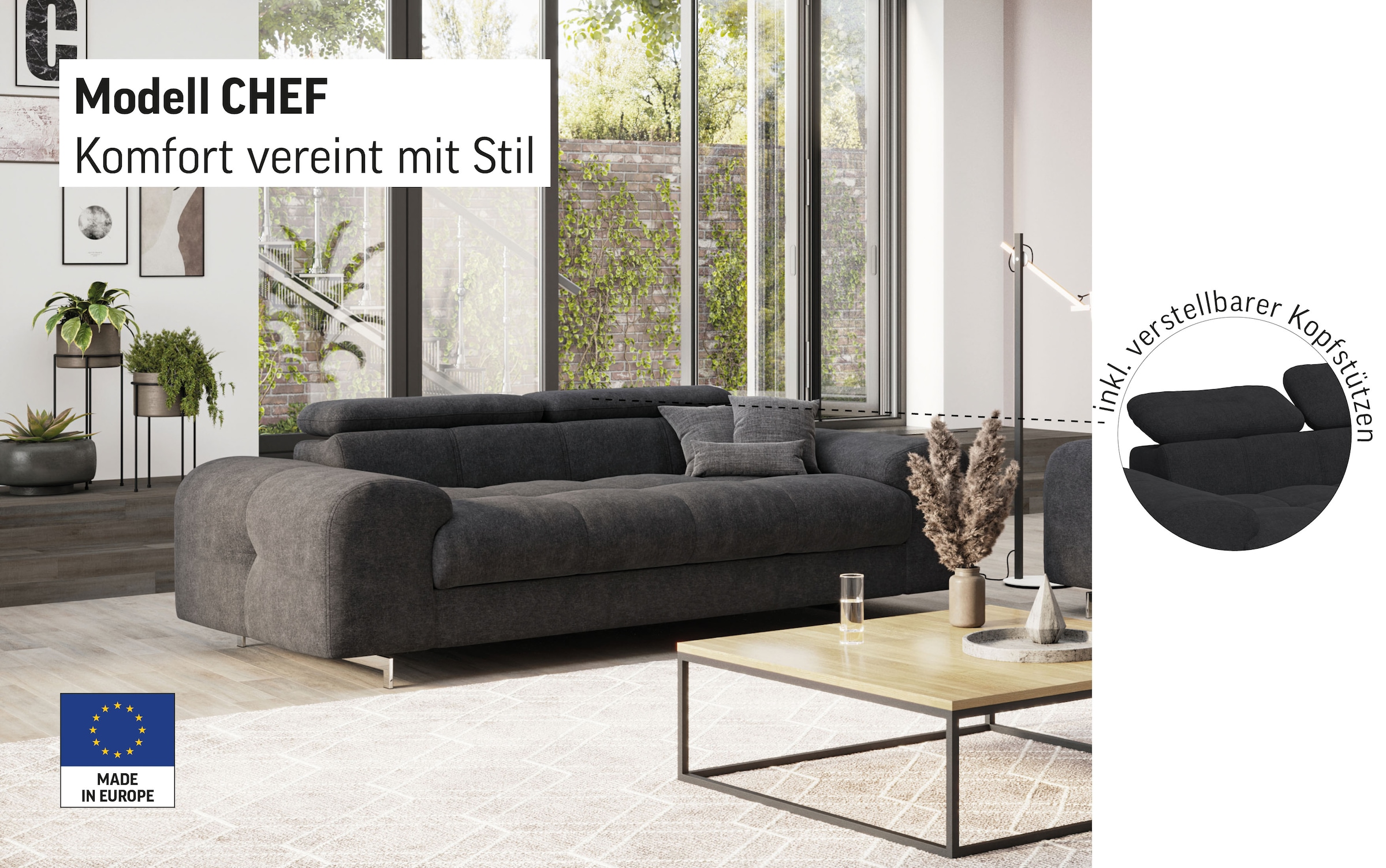 COTTA 3-Sitzer »Chef«, Big-Sofa mit Kopfteilverstellung, edle Metallkufen