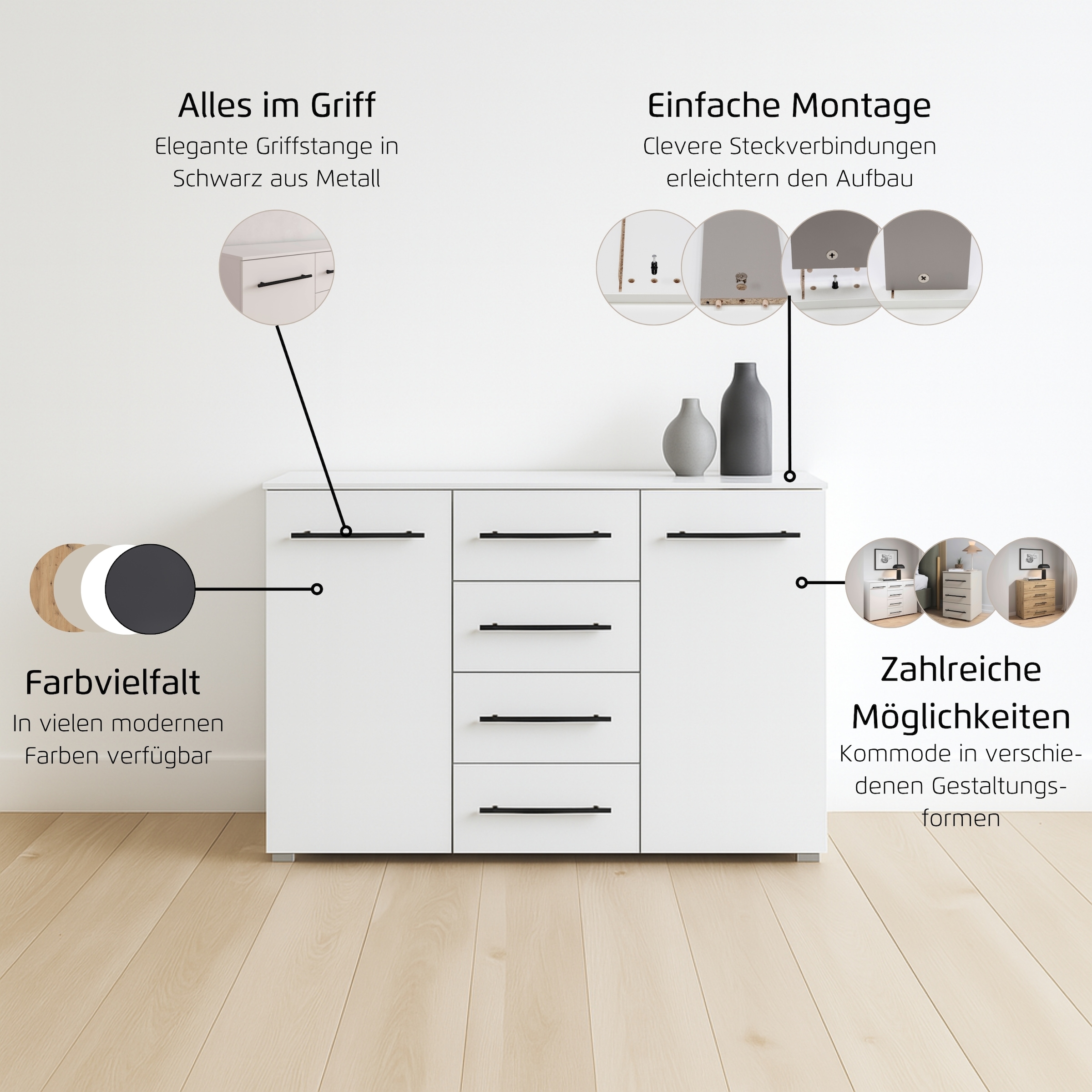 rauch Kombikommode »Sideboard Schubladenkommode AVOLA mit Dekorfront« Breite 120 cm inkl. Soft-Close-Funktion,  vier große Schubladen und 2 Türen, mit 4 Einlegeböden MADE IN GERMANY