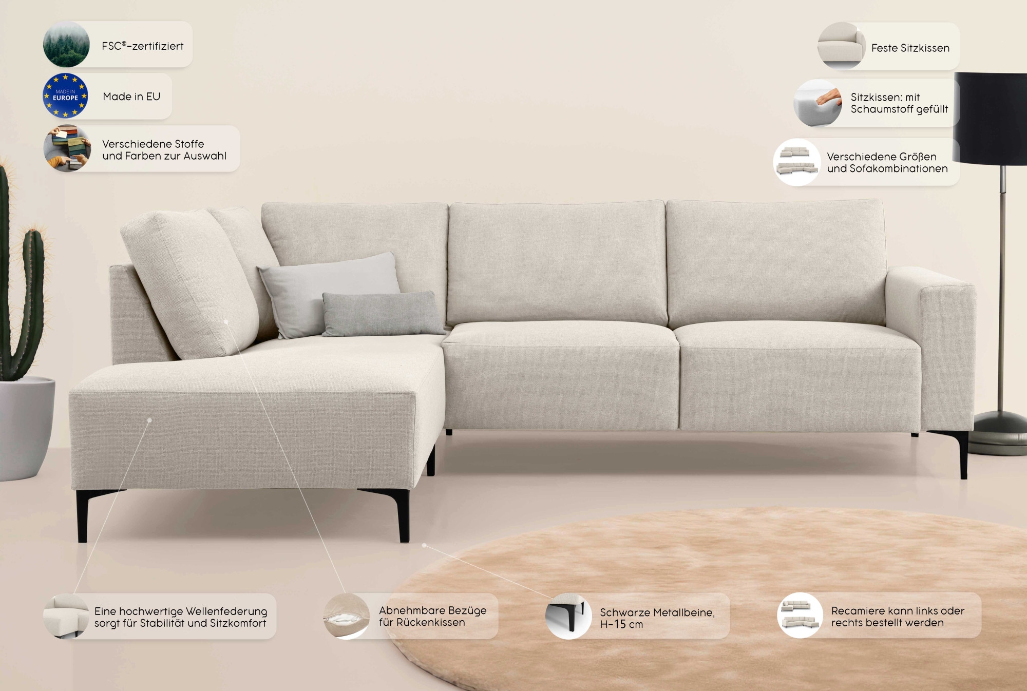 Home affaire Ecksofa »Tournon, L-Form, Breite 256 cm, Webstoff, Chenille«, Designsofa im nordischen Stil, Wellenunterfederung, Metallfüße