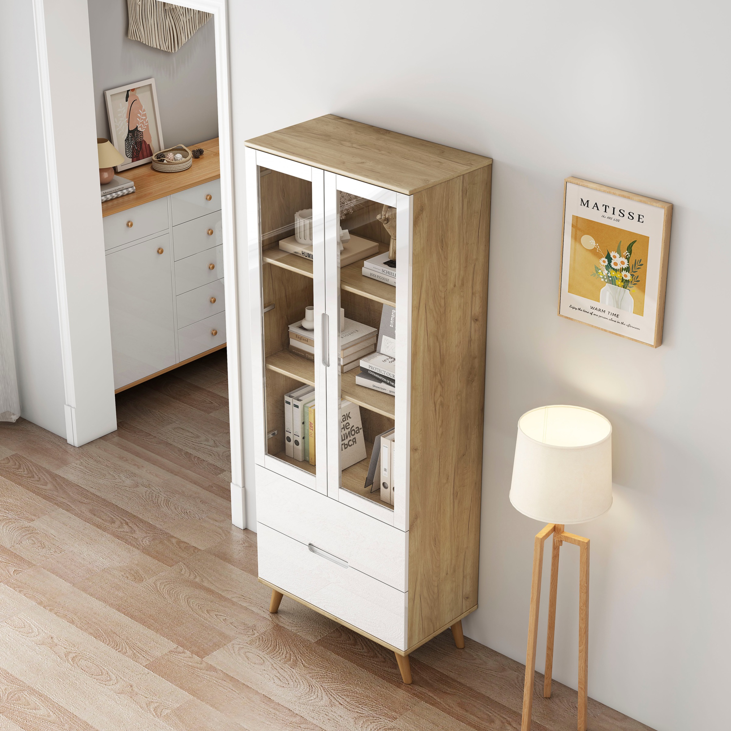 OTTO home Highboard »Lund« mit glänzenden Fronten, Glastüren, helles Holzdekor, Breite 70 cm