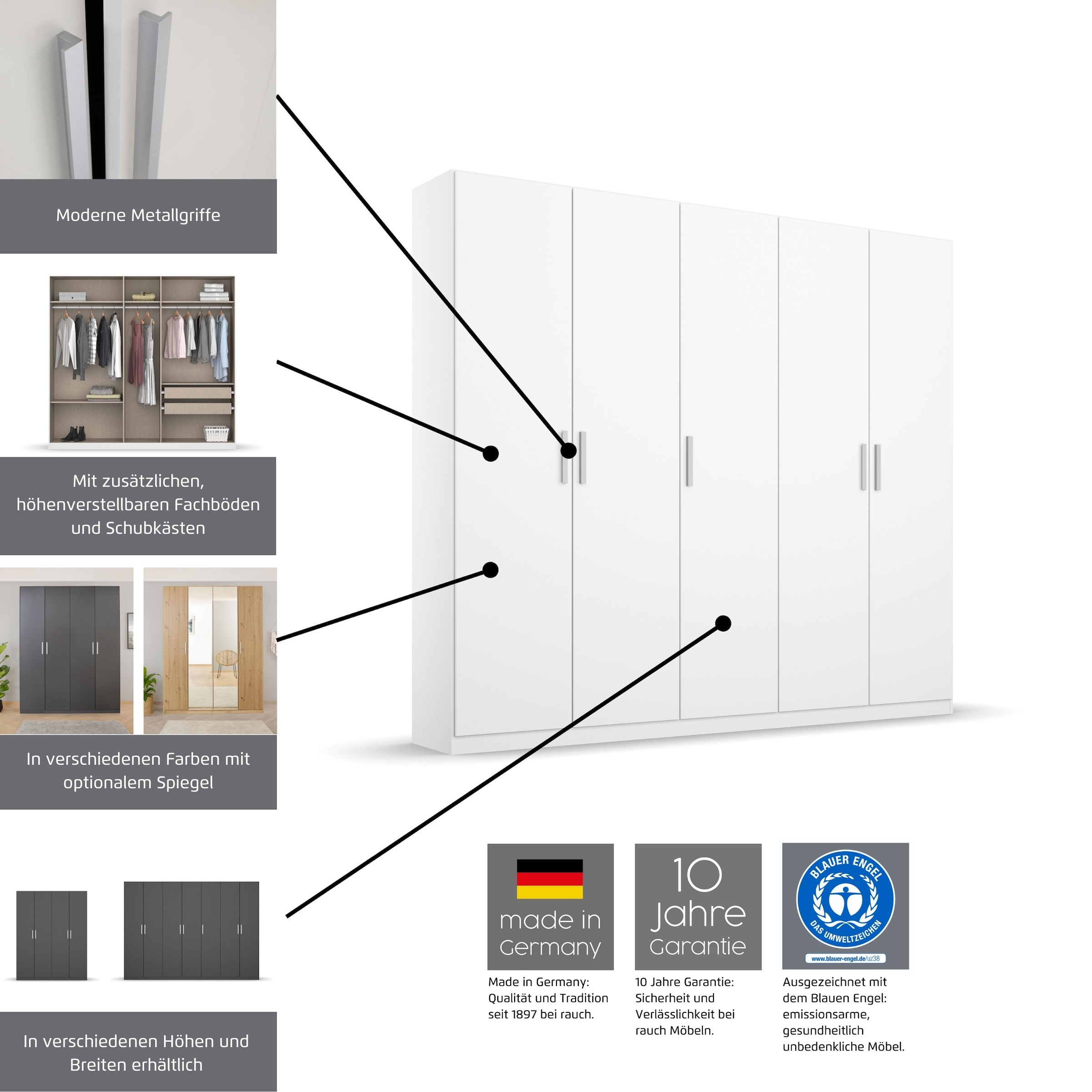 rauch Drehtürenschrank »Kleiderschrank Schrank Garderobe KOLUNA mit Glastüren und Spiegel«, inkl. 2 Innenschubladen sowie extra Einlegeböden MADE IN GERMANY