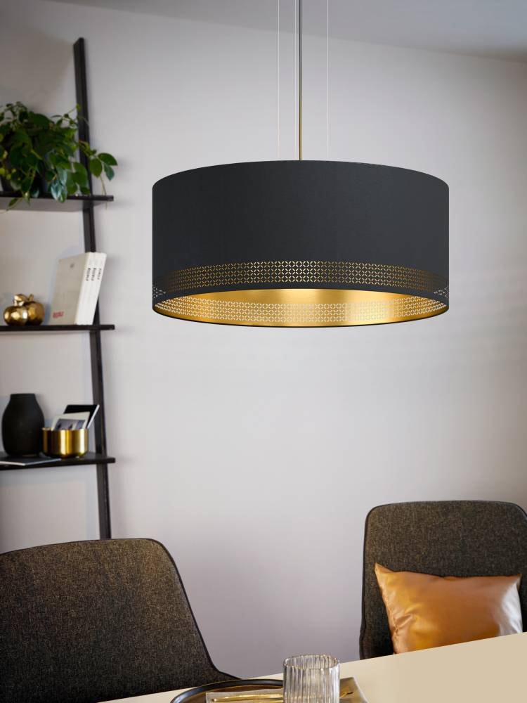 EGLO Hängeleuchte »ESTEPERRA«, 3 flammig, Leuchtmittel E27 | ohne Leuchtmittel, Hängelampe Vintage aus Stahl und Textil in Schwarz, Gold, E27, Ø 53 cm