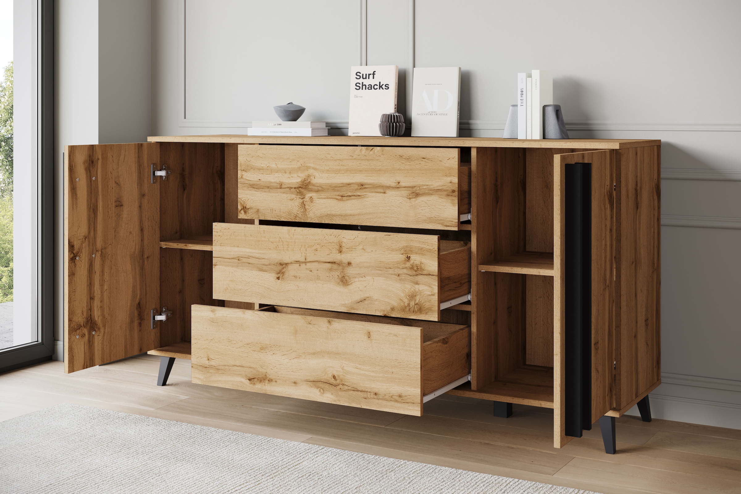 Home affaire Sideboard »Helsinki, Kommode mit 2 Türen und 3 Schubladen, Breite 150 cm« 1 Stk. tlg. Push-to-Open-Schubladen, höhenverstellbare Einlegeböden