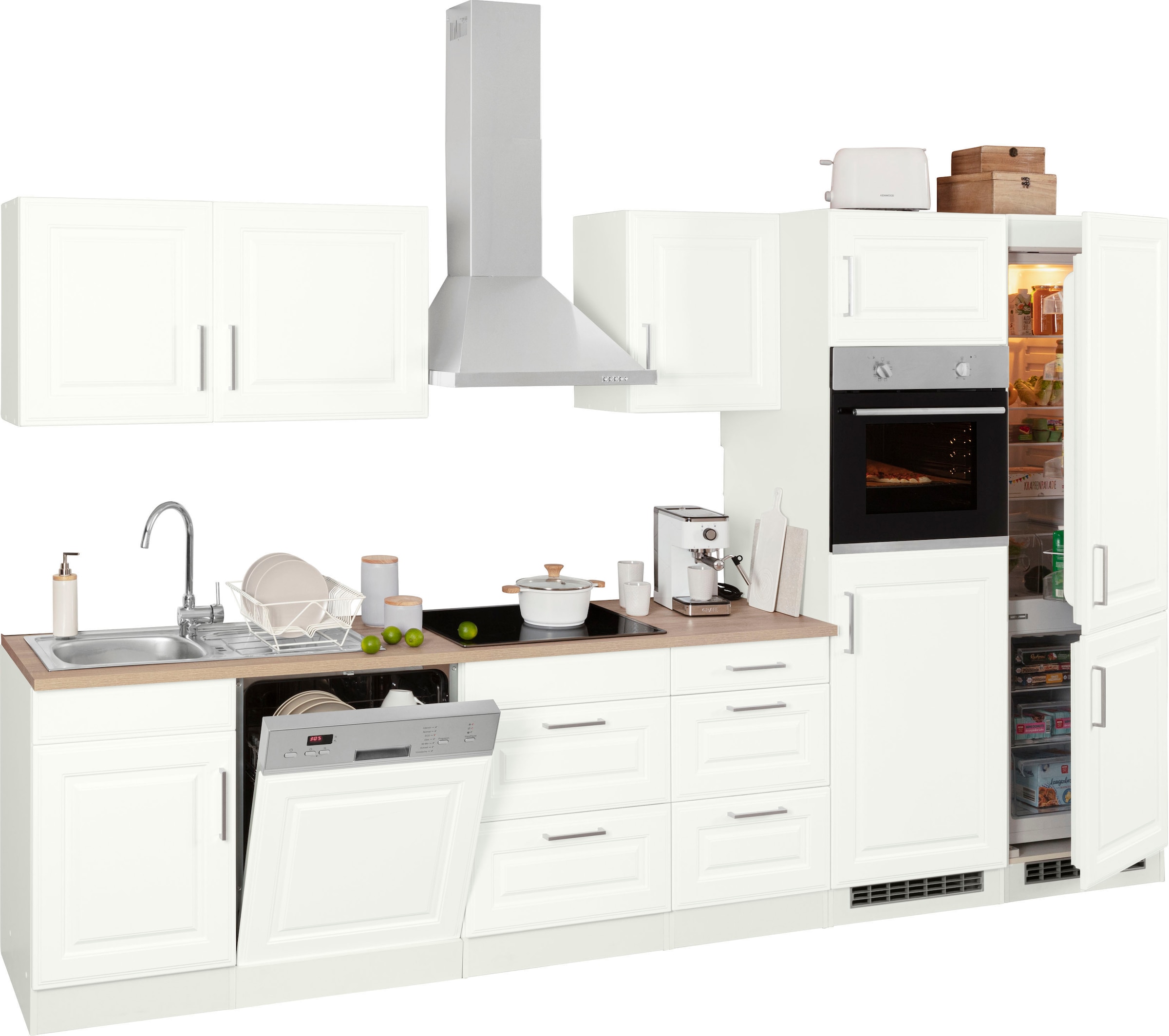 KOCHSTATION Küchenzeile »KS-Stockholm – Küche mit hochwertiger und detailreicher Landhausfront« Breite 340 cm, wahlweise mit E-Geräten,mit MDF-Fronten