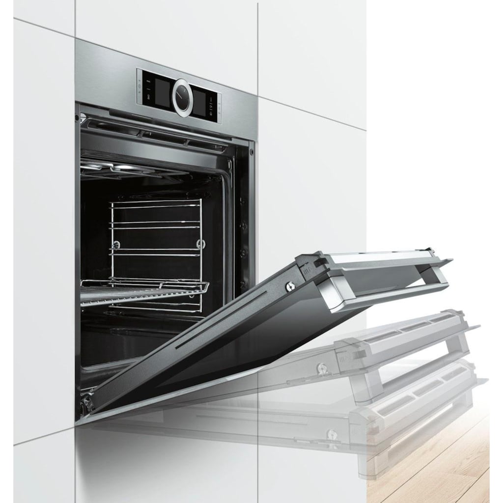 BOSCH Dampfbackofen »HSG636B«, Serie 8, mit Teleskopauszug nachrüstbar, ecoClean Direct, 4D-Heißluft-Eco-Ober-/Unterhitze Eco-Umluft-Infra-Grill-Großflächengrill-Kleinflächengrill-Pizzastufe-Sanftgaren-Vorwärmen-Warmhalten, mit Auftaufunktion