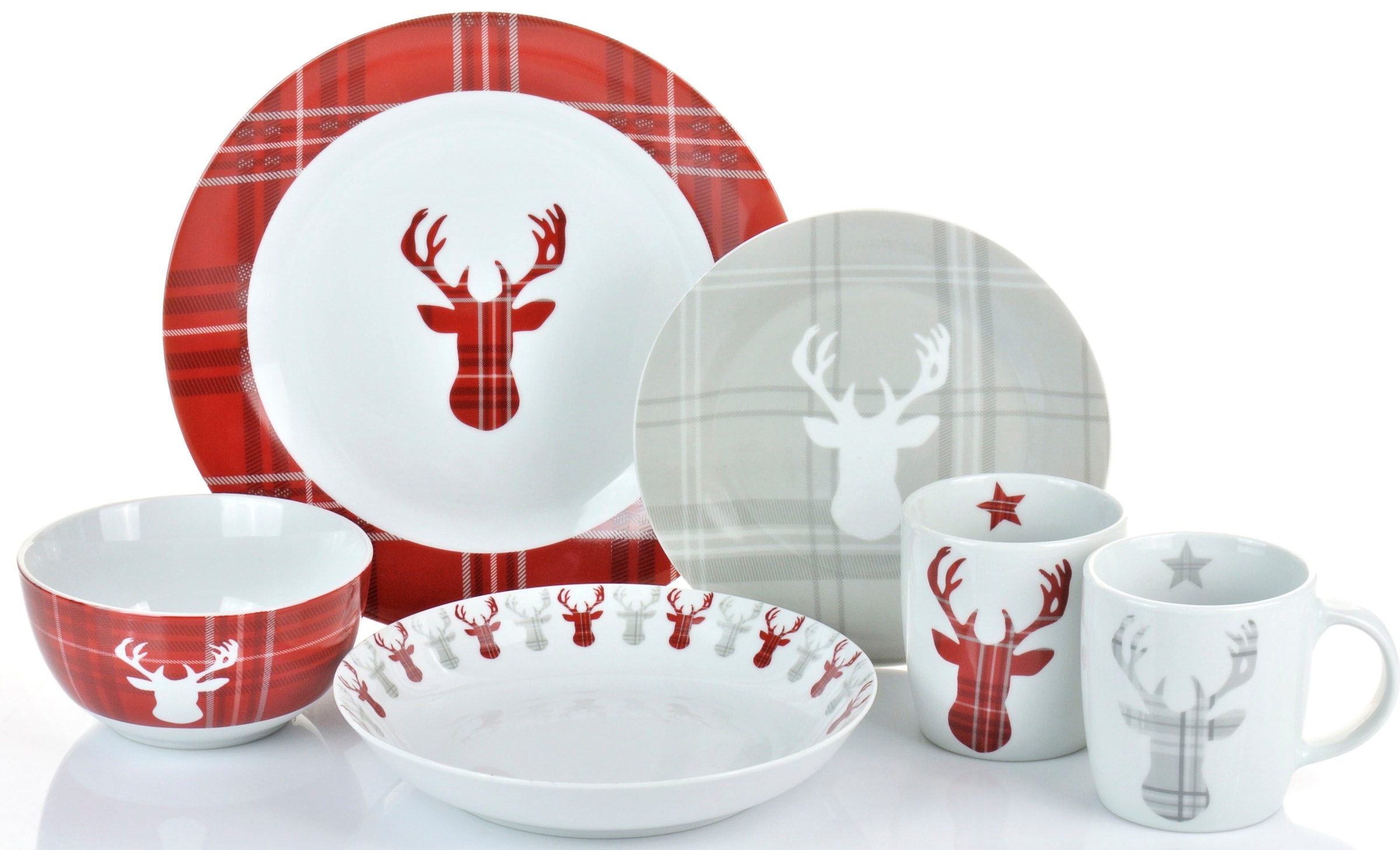 Retsch Arzberg Kombiservice »Geschirr-Set, Service HIGHLAND STAG, Winter, Advent, Weihnachten« Hirsch trifft Schottenkaro, 30 Teile, für 6 Personen