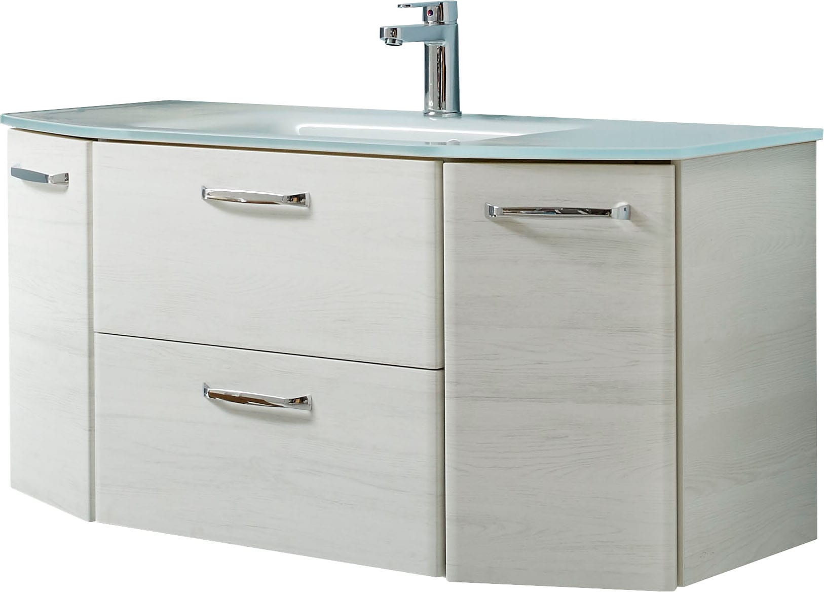 Saphir Waschtisch »Quickset Waschplatz inkl. Glaswaschtisch, 112 cm breit, 2 Türen«, Unterschrank mit Waschbecken, inkl. Türdämpfer, Griffe Chrom Glanz