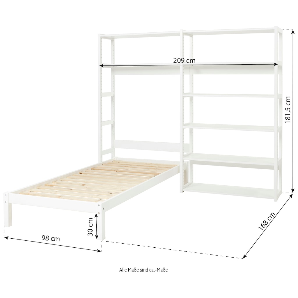 Hoppekids Jugendzimmer-Set »STOREY«, (Set, 16 St., Kinderbett, Rollrost, Schaummatratze, Regalsystem, 8 Einlegeböden)