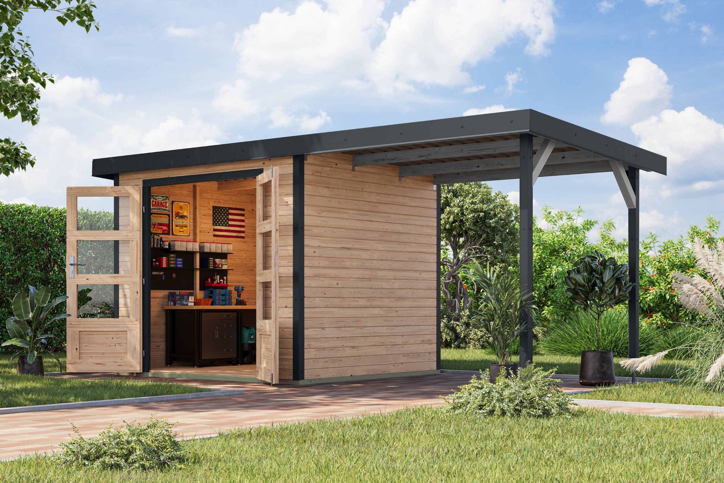 Karibu Gartenhaus »Jupiterino 3  SET, in verschiedenen Farben« inkl. Anbaudach