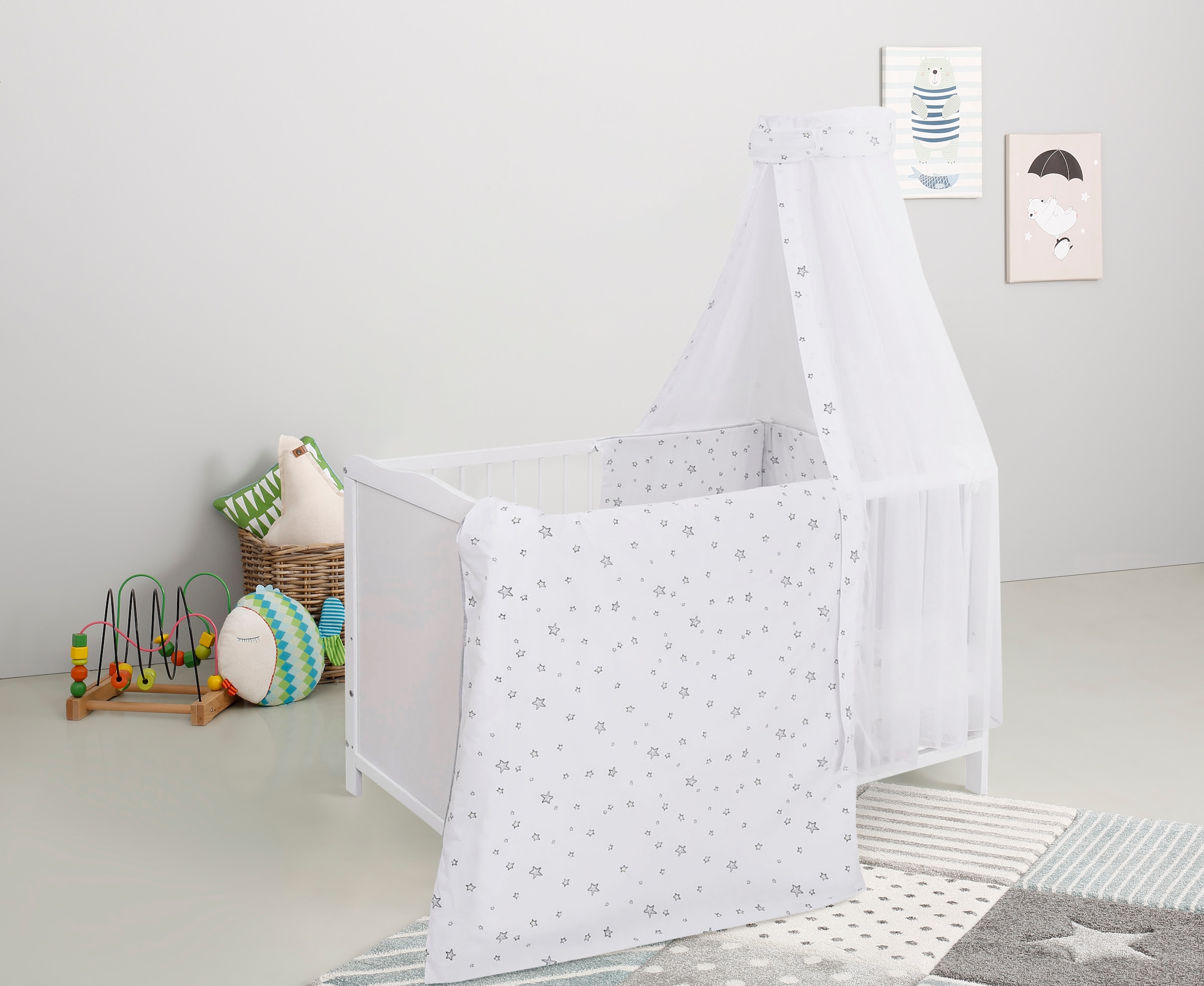 Lüttenhütt Babybett »Komplettbett, Textilset "Sterne", in 2 Größen«, (4 tlg.), mit Bettbezug, Bettumrandung, Himmel, Matratze, Himmelstange