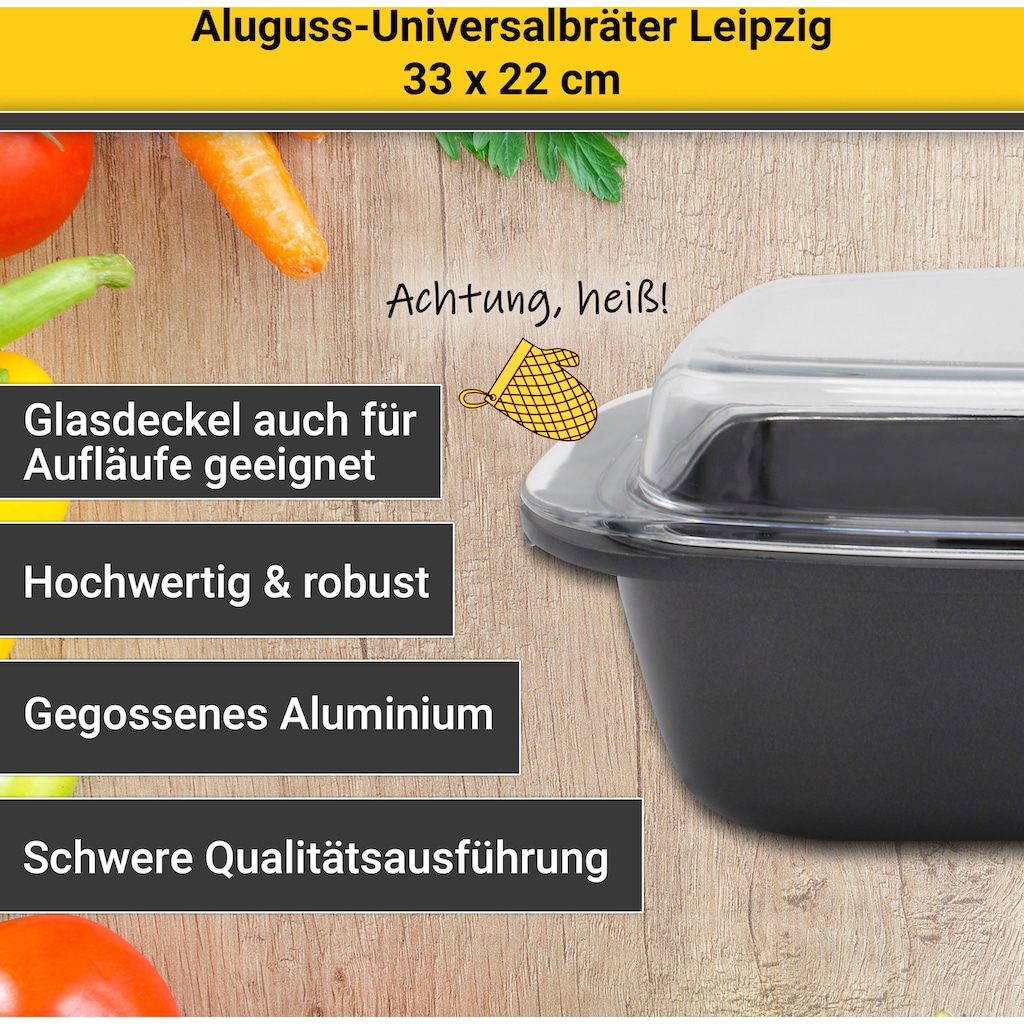 Krüger Bräter »Aluguss Universalbräter mit Glasdeckel LEIPZIG, 33 x 22 x 10,5 cm«, Aluminiumguss, (1 tlg.)