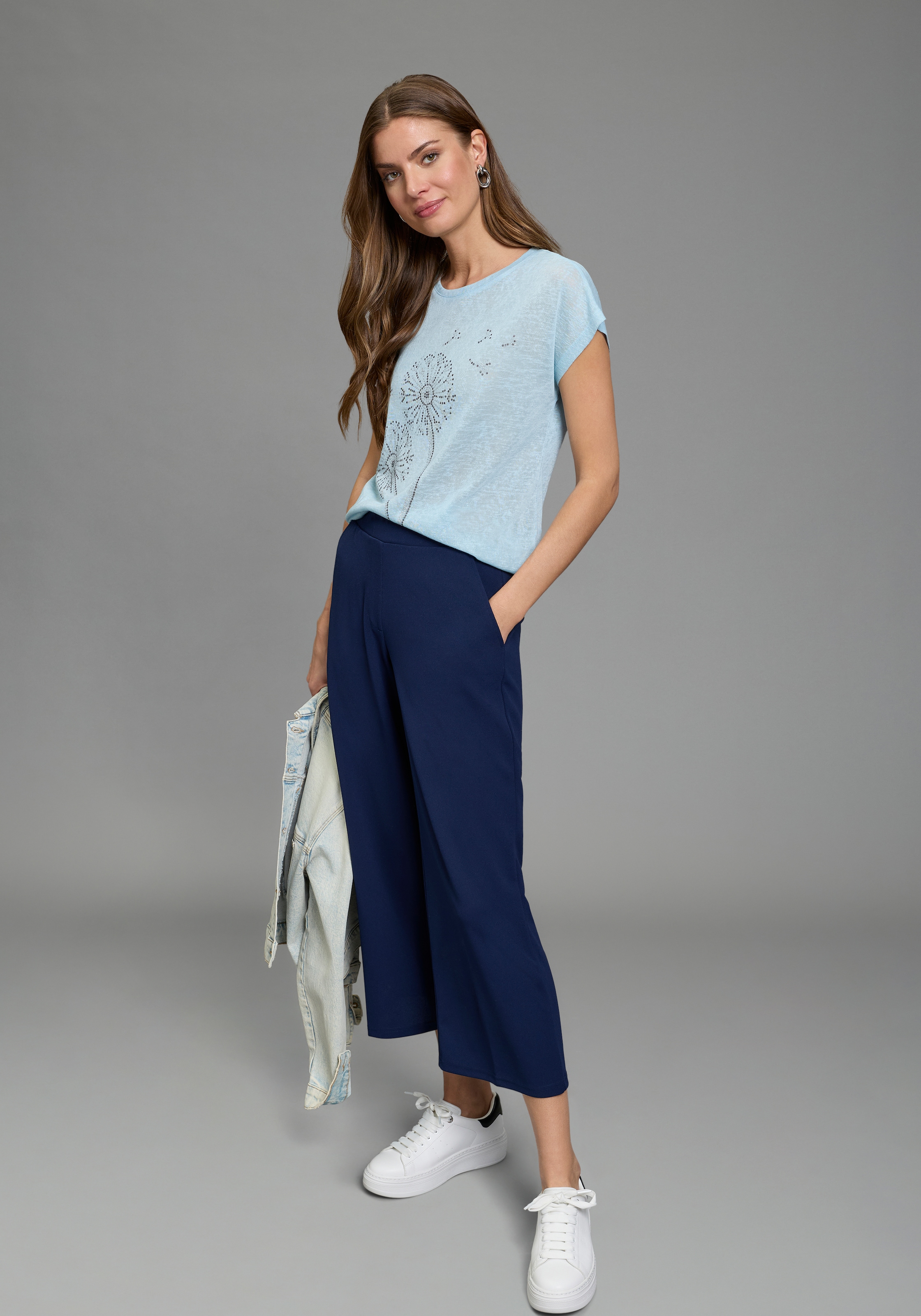 Laura Scott T-Shirt mit Glitzerdurck und Leinen-Optik