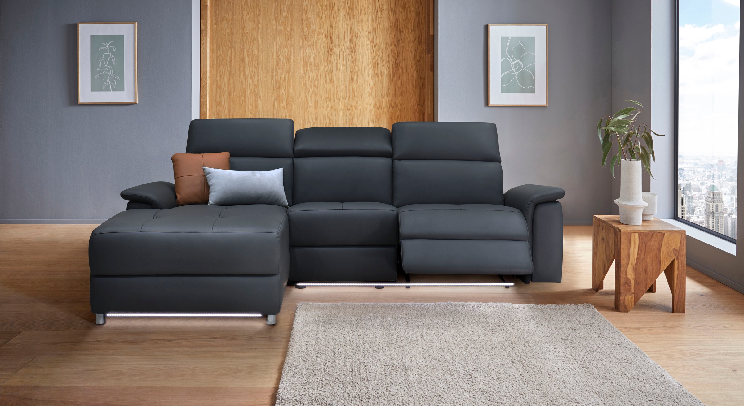 Places of Style Ecksofa »Pareli, L-Form, 259cm,m. Recamiere, Echtleder, Kunstleder, Webstoff«, man. o. elektr. Relaxfunktion, USB/Kopfteilverstellg u. LED
