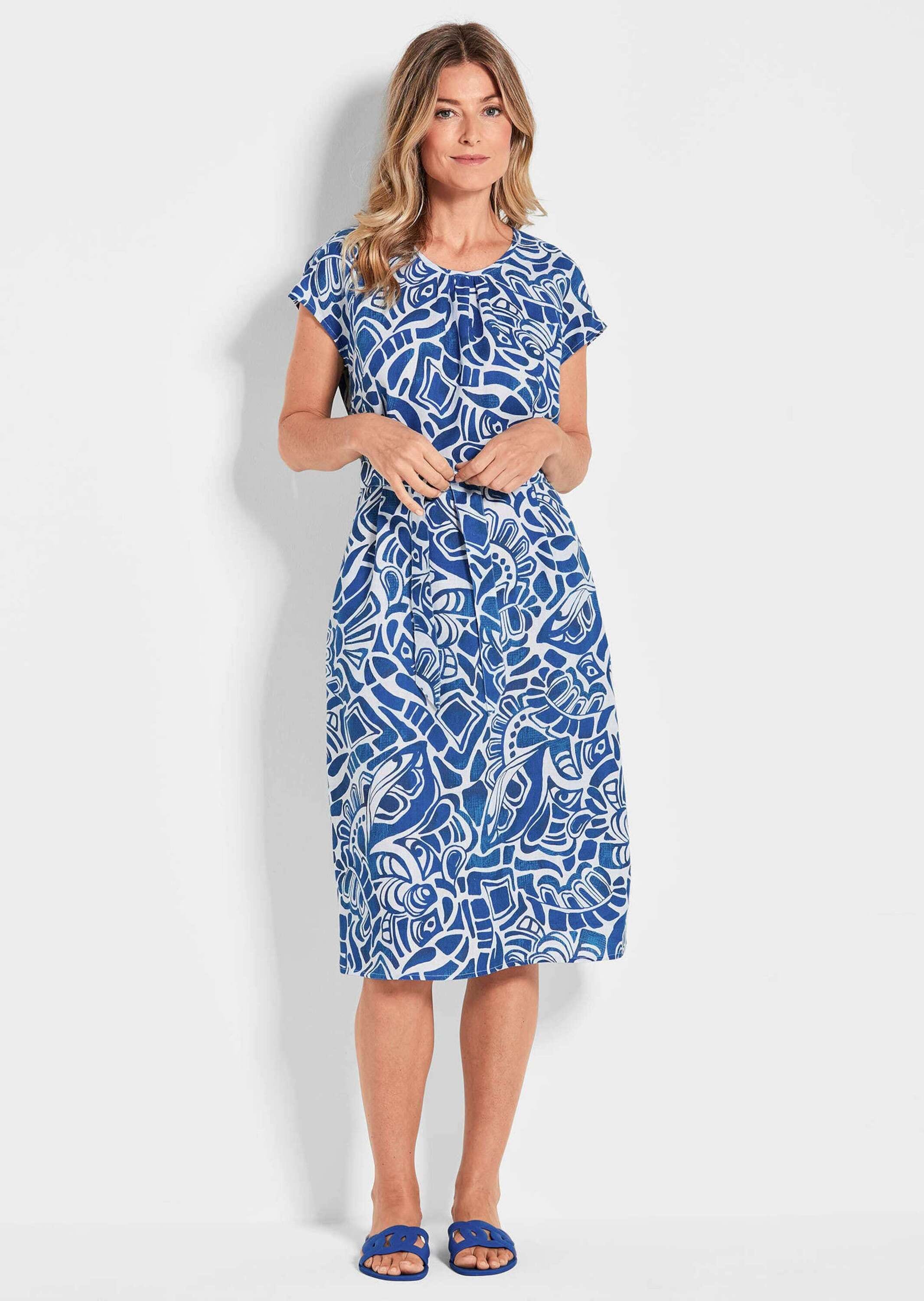 GOLDNER Sommerkleid »Leinenkleid Ethno, Halbarm« Eingrifftaschen Mit Bindegürtel und Taschen