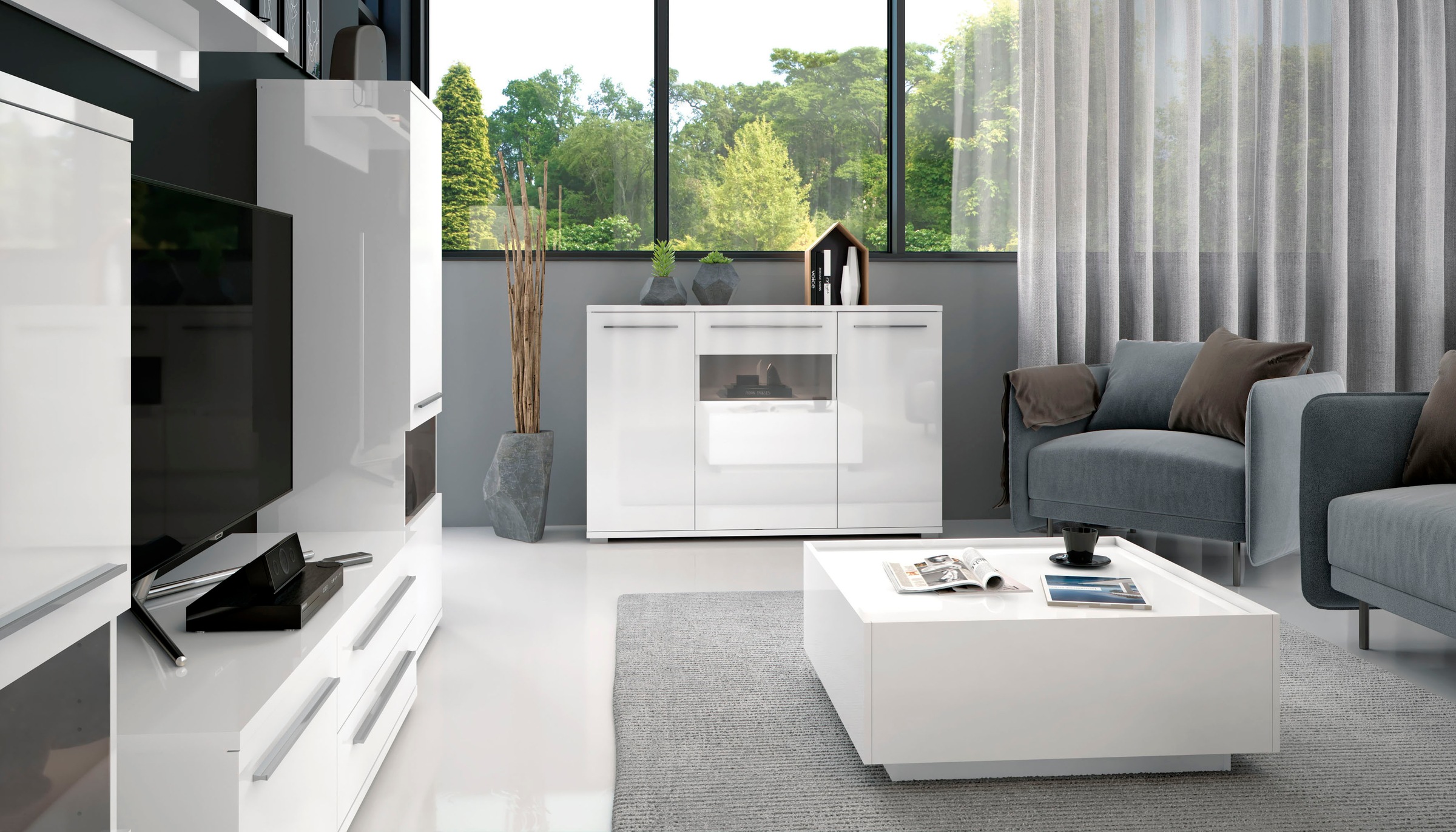 Places of Style Kommode »Piano«, (H/B/T): 84,6/180/45,2cm), Hochglanz UV lackiert, Soft-Close Funktion