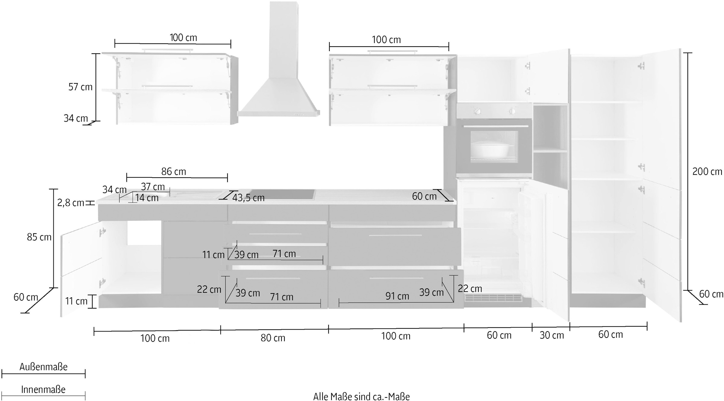 KOCHSTATION Küchenzeile »KS-Wien«, Breite 430 cm, wahlweise mit E-Geräten und Induktion