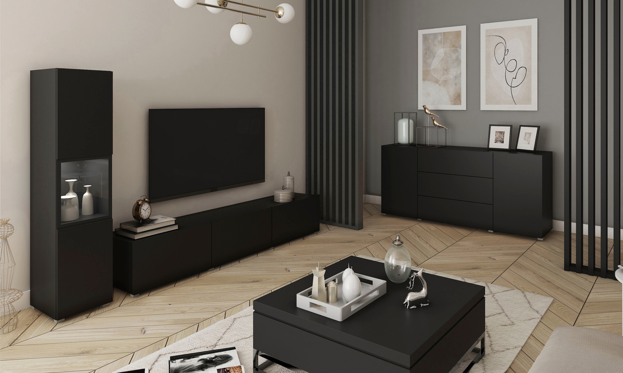 INOSIGN Wohnwand »BERLIN I, Vitrine Türschlag links/rechts wechselbar«, (Komplett-Set, 2 St.), moderne grifflose Mediawand Breite 220 cm, Vitrine mit Verglasung