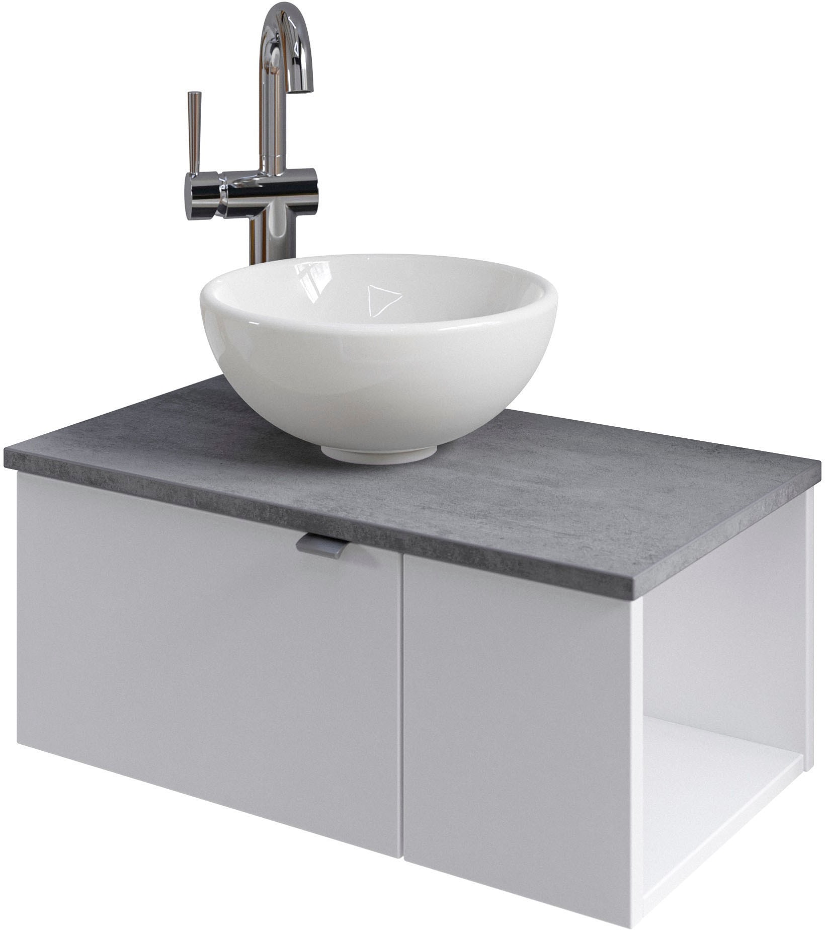 Saphir Waschtisch "Serie 6915 Waschschale mit Unterschrank für Gästebad, Gäste WC" Keramik-Aufsatzbecken, Waschtischplatte, Waschtischunterschrank, 3 Stk. tlg. 61 cm breit, 2 Türen, offenes Fach, kleine Bäder, ohne Armatur