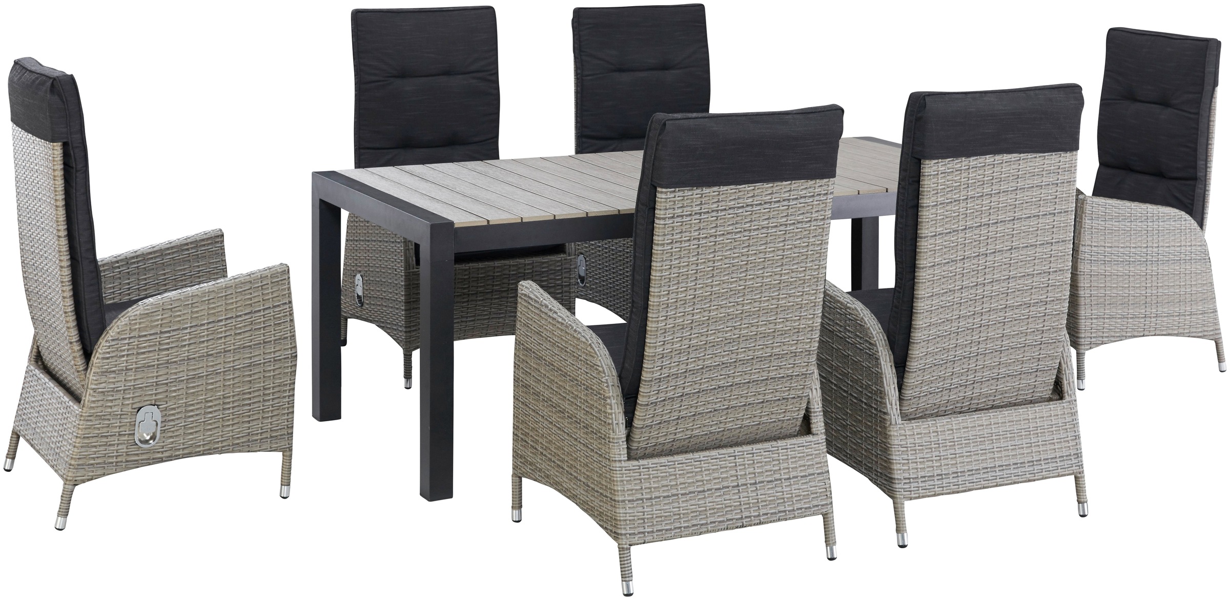 KONIFERA Garten-Essgruppe »Alva«, (Set, 13 tlg., 6x Stuhl, 1x Tisch ausziehbar 205-275 cm, inkl. Auflagen), Aluminium, Polyrattan, Rückenlehnen stufenlos verstellbar, Grau