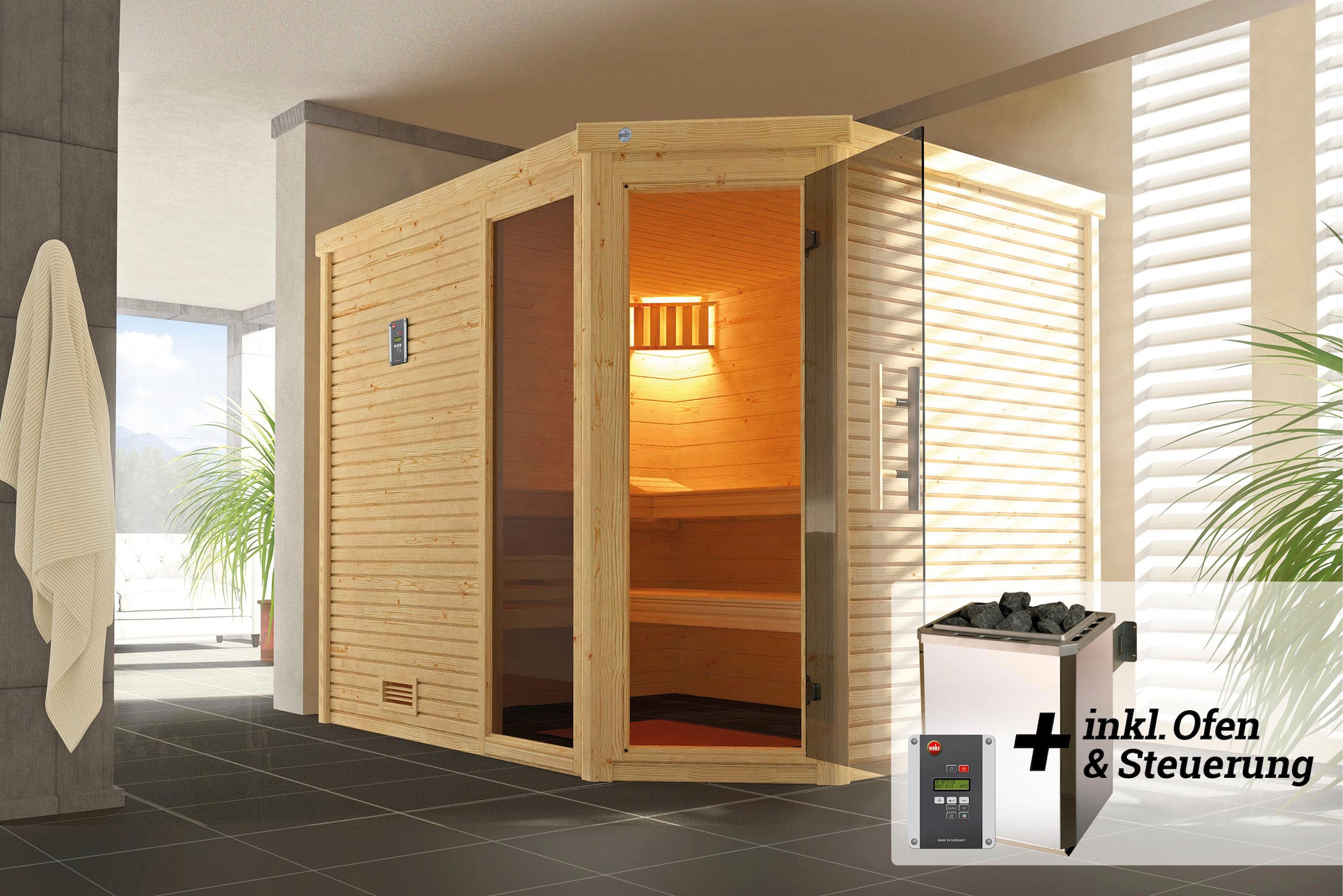 weka Sauna »Cubilis«, (Set), 7,5 kW-Ofen mit digitaler Steuerung