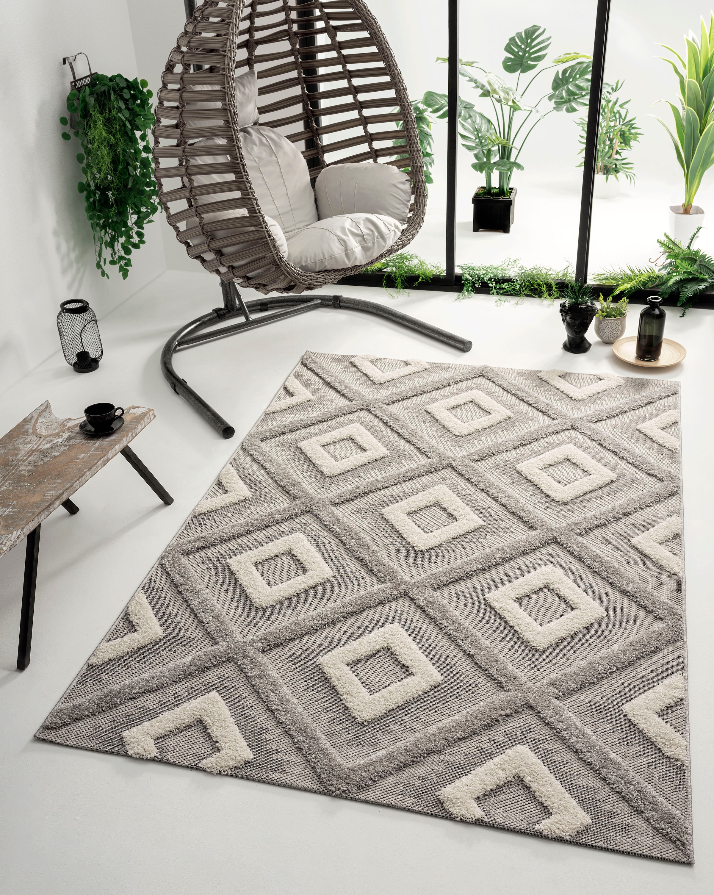 In- merinos rechteckig, Hoch »Kayra Struktur, geeignet Tief Boho Scandic, Teppich Outdoor 54063«, Style,