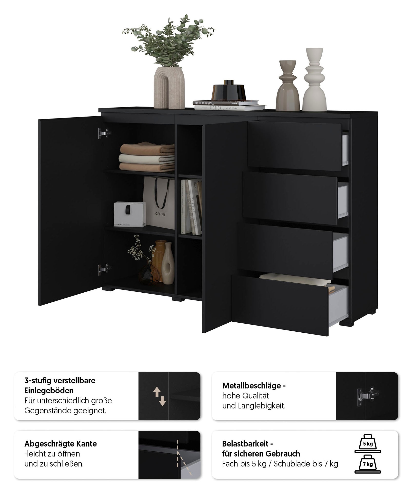 OTTO home Highboard »Modo, Breite 150 cm, moderne grifflose Kommode 2Türen/4 SK« Schubladenkommode mit viel Stauraum, Einlegeböden verstellbar