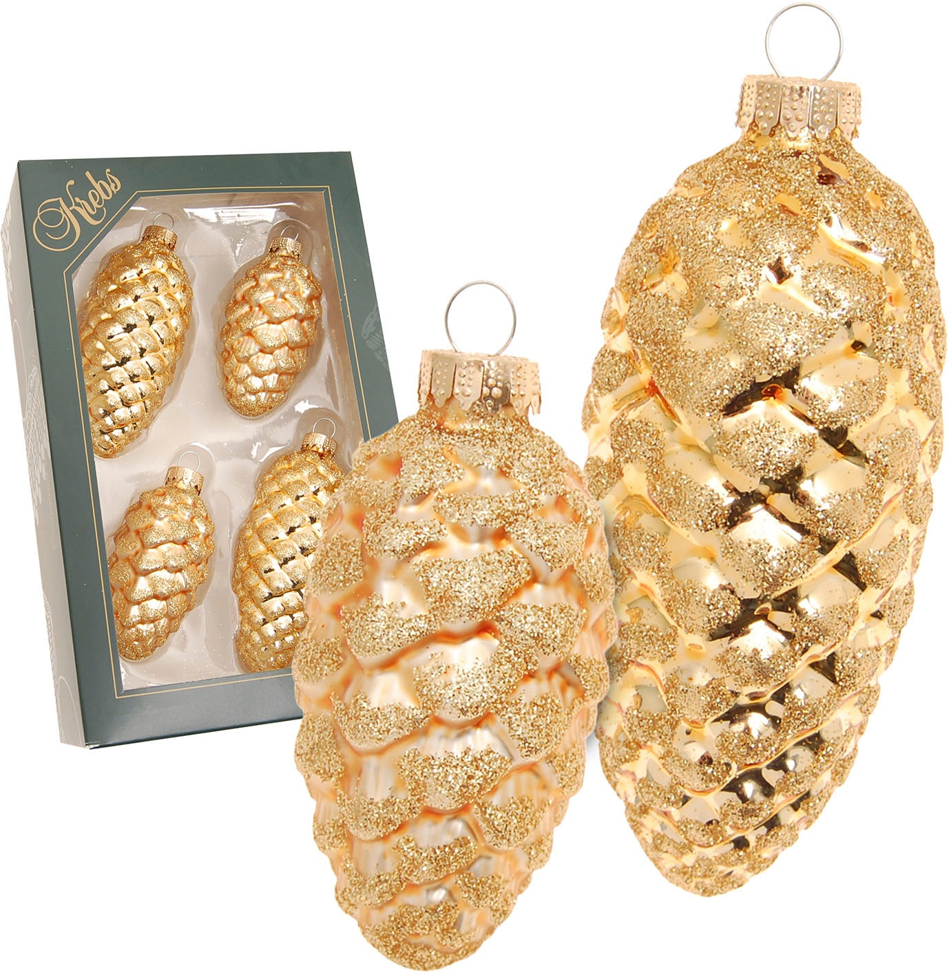 Krebs Glas Lauscha Christbaumschmuck »Glas-Tannenzapfen, mit Glitter, 2x klein Ø 8 cm + 2x groß Ø 10 cm«, (Set, 4 tlg.), Weihnachtsdeko, Weihnachtsbaumkugel, Christbaumkugeln aus Glas