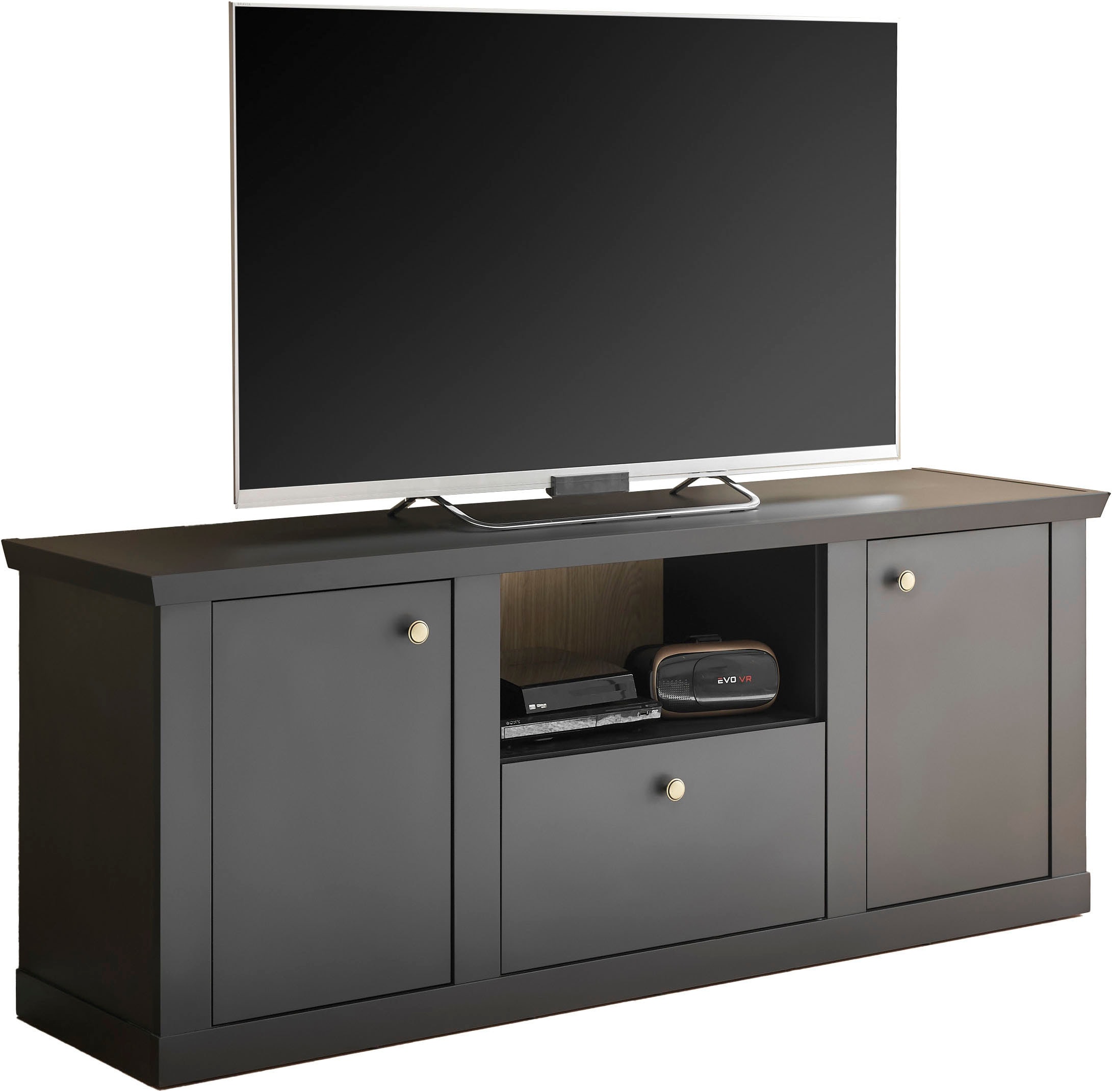 Home affaire Lowboard »Lincoln, moderner TV-Schrank, schwarze Kommode, TV-Unterschrank« edles Design, messingfarbene Knopfgriffe, in 2 Größen verfügbar