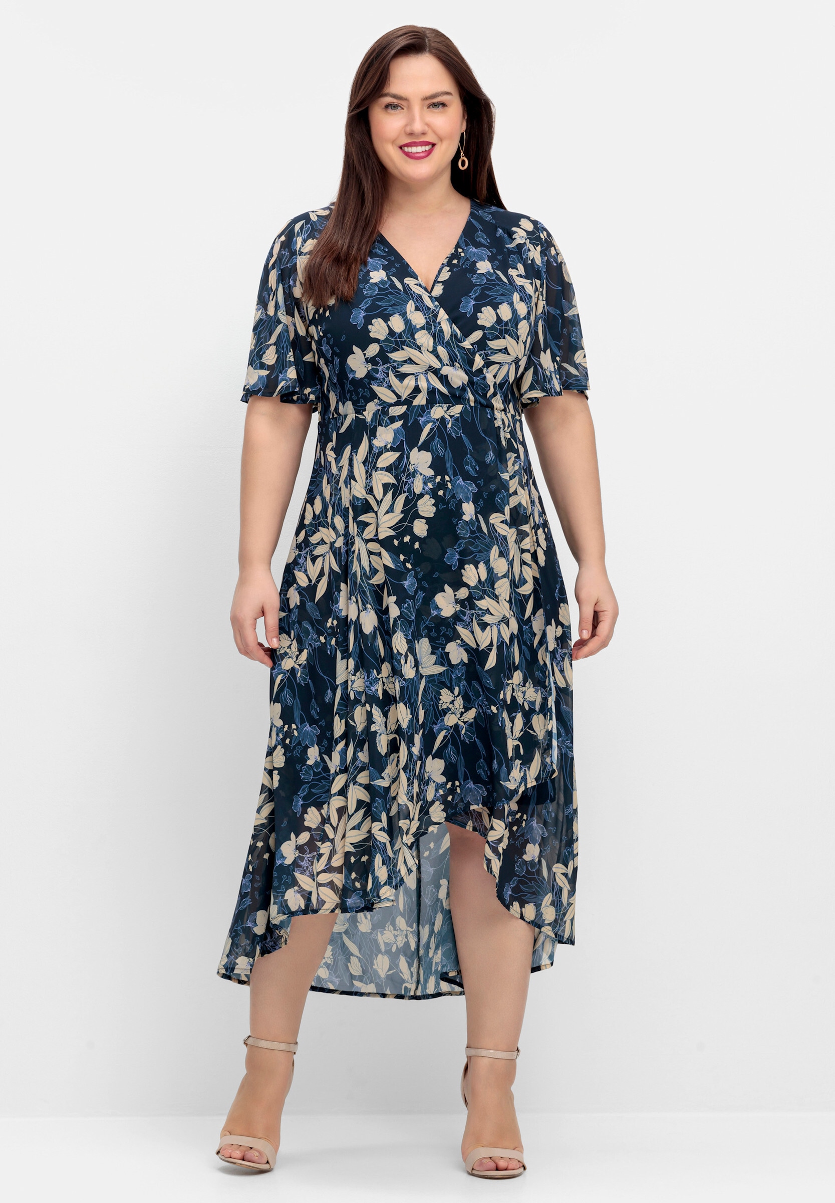 Sheego Sommerkleid »Abendkleid Chiffonkleid in Wickeloptik, mit Blätterprint« Ohne Taschen aus Chiffon, in Wickeloptik