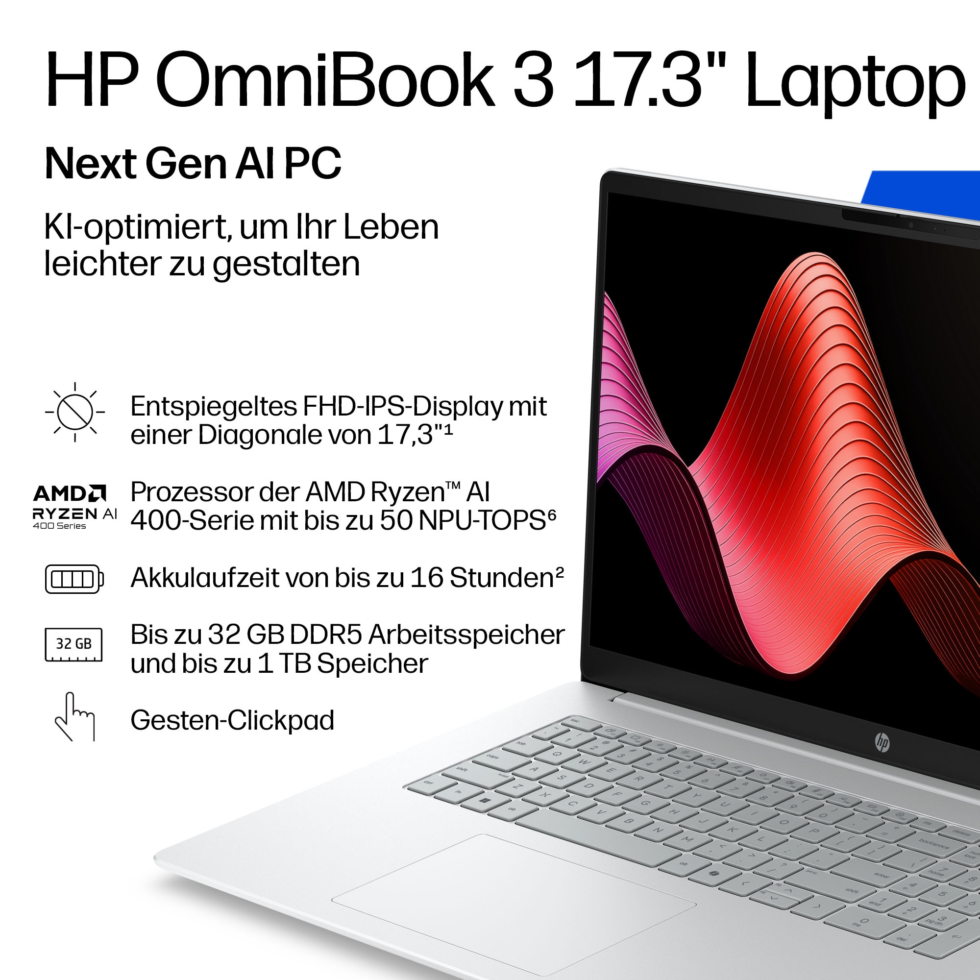 HP Notebook »OmniBook 3 17-dm0071ngx« 43,9 cm / 17,3 ″ AMD Ryzen™ AI 7 Radeon 840M 512 GB SSD