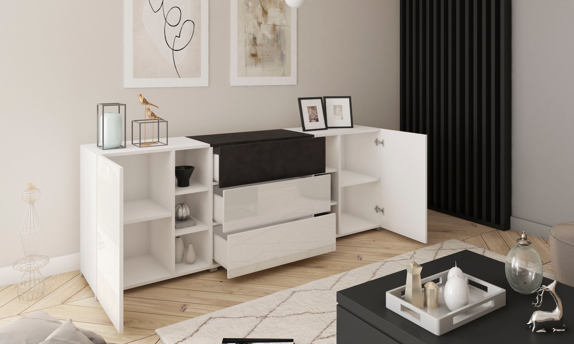 INOSIGN Sideboard »BERLIN«, Moderne grifflose Kommode Breite 190 cm, offene Fächern/ Schubladen